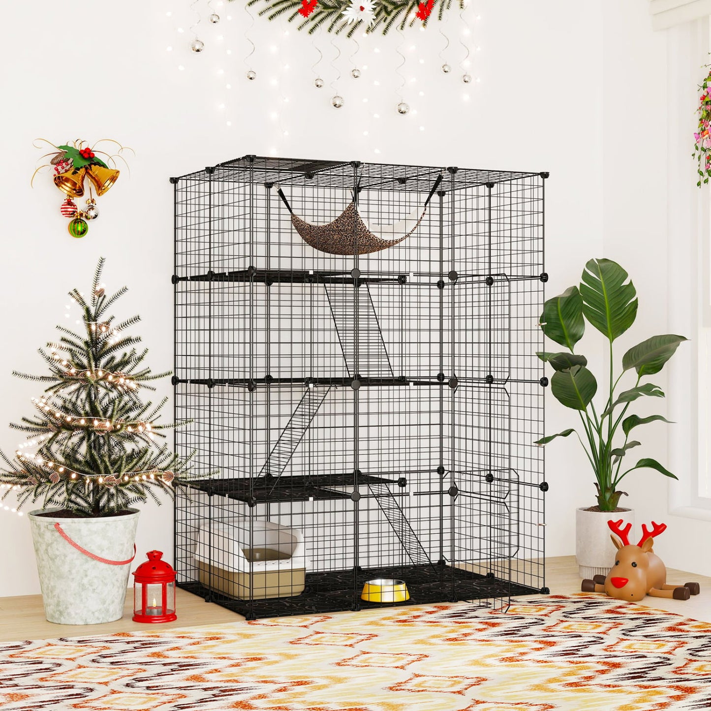 Cage pour chat à 4 niveaux avec lucarne et hamac, noir