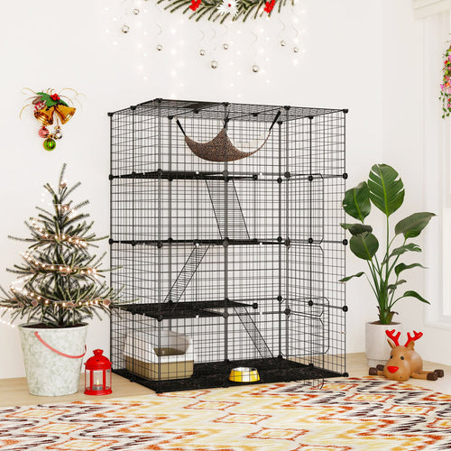 4-Tier Cat Cage with Skylight and Hammock, Black