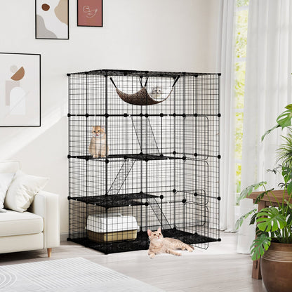 Cage pour chat à 4 niveaux avec lucarne et hamac, noir