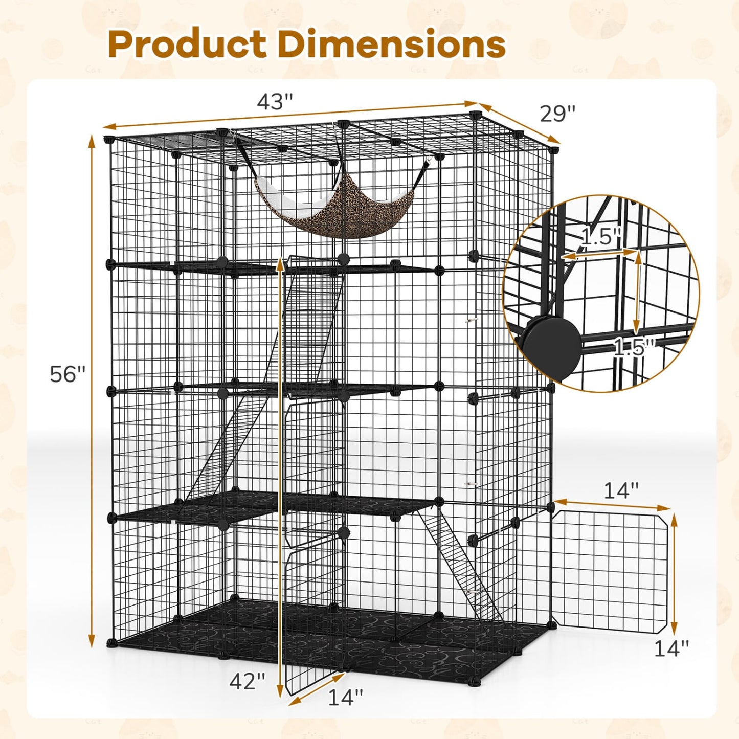 Cage pour chat à 4 niveaux avec lucarne et hamac, noir