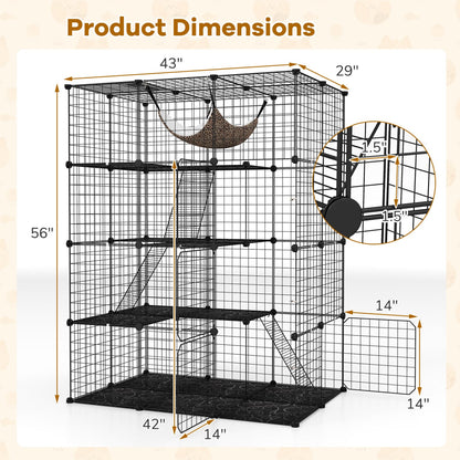 Cage pour chat à 4 niveaux avec lucarne et hamac, noir