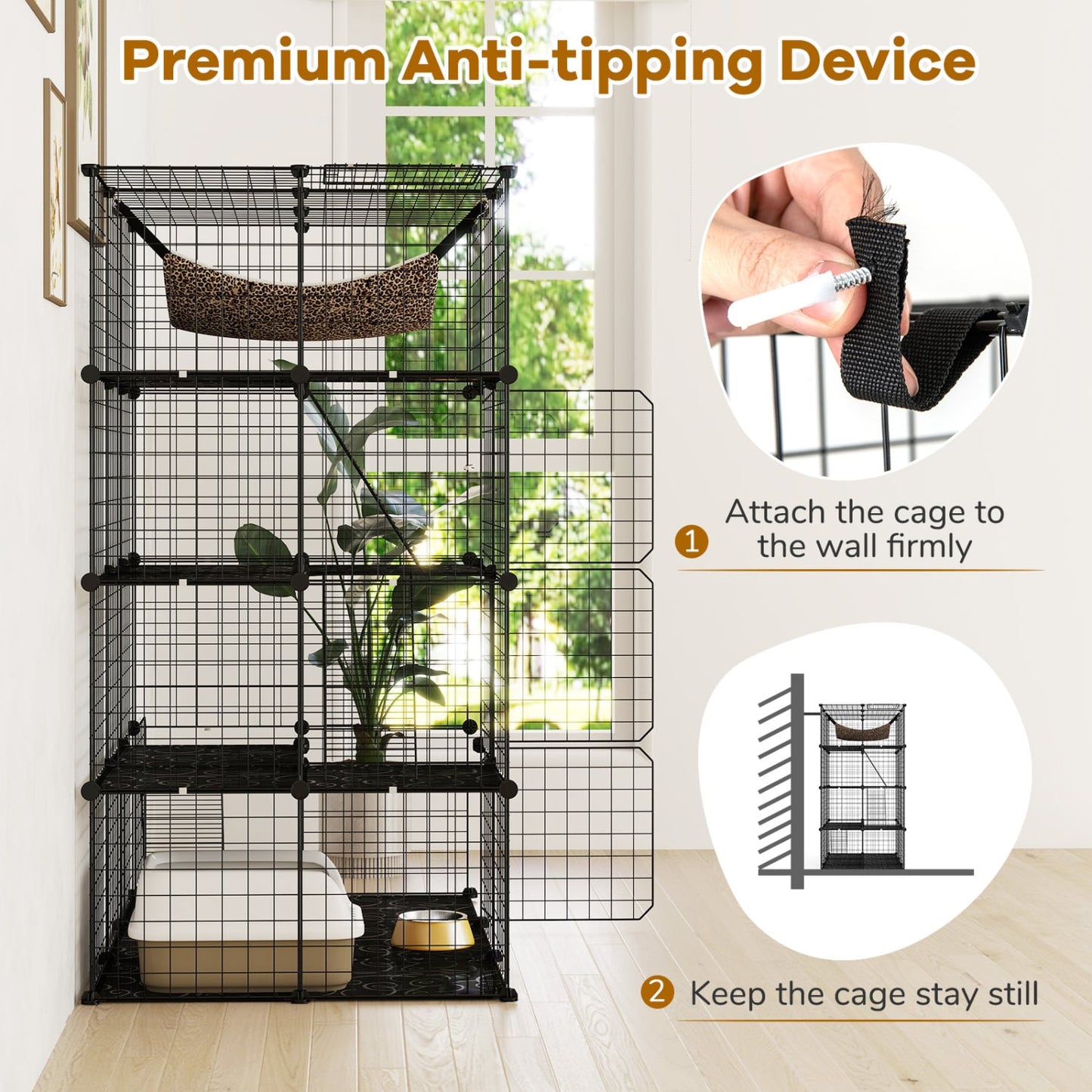 Cage pour chat à 4 niveaux avec lucarne et hamac, noir