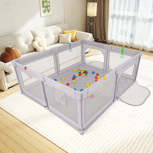 Large Baby Playpen with Mat with Pull Rings and Ocean Balls-GR, Gray