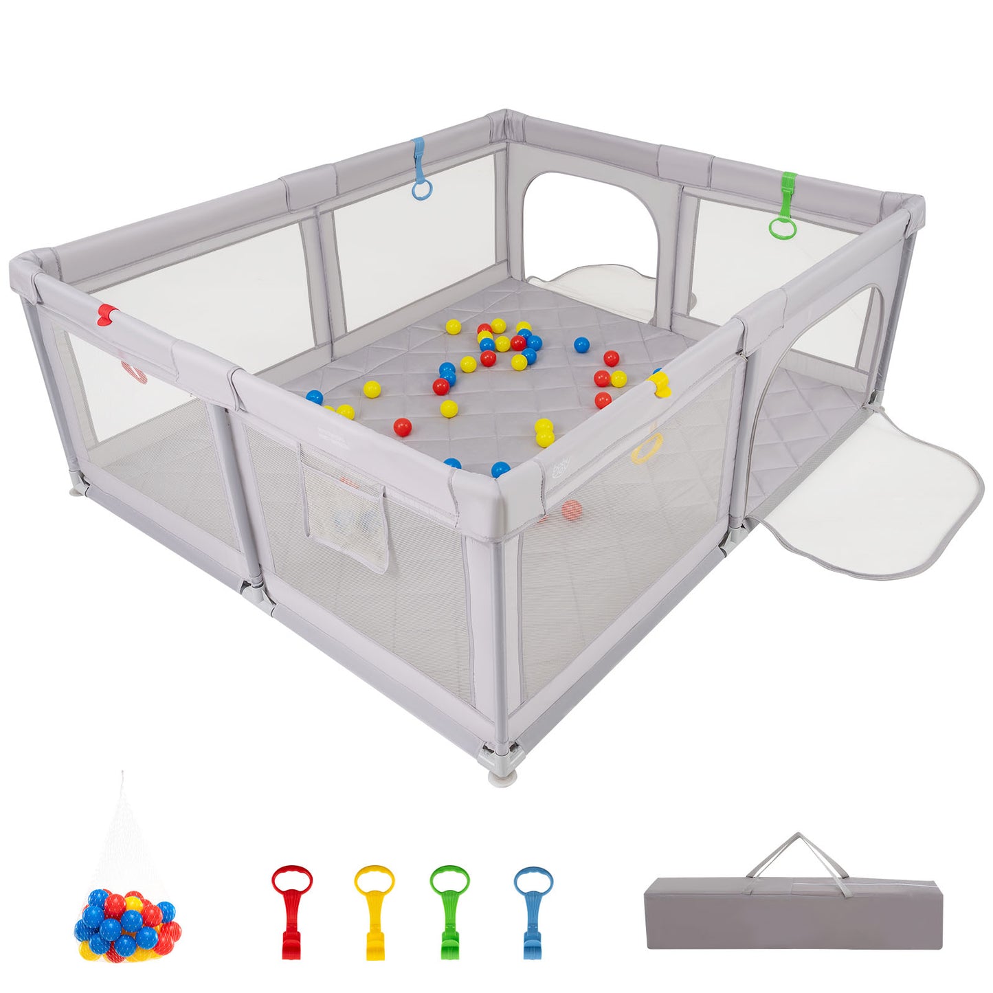 Large Baby Playpen with Mat with Pull Rings and Ocean Balls-GR, Gray