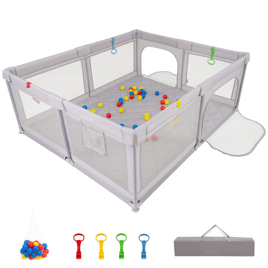 Large Baby Playpen with Mat with Pull Rings and Ocean Balls-GR, Gray Baby Playpen & Playards Gray at Gallery Canada