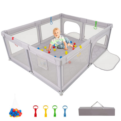 Large Baby Playpen with Mat with Pull Rings and Ocean Balls-GR, Gray