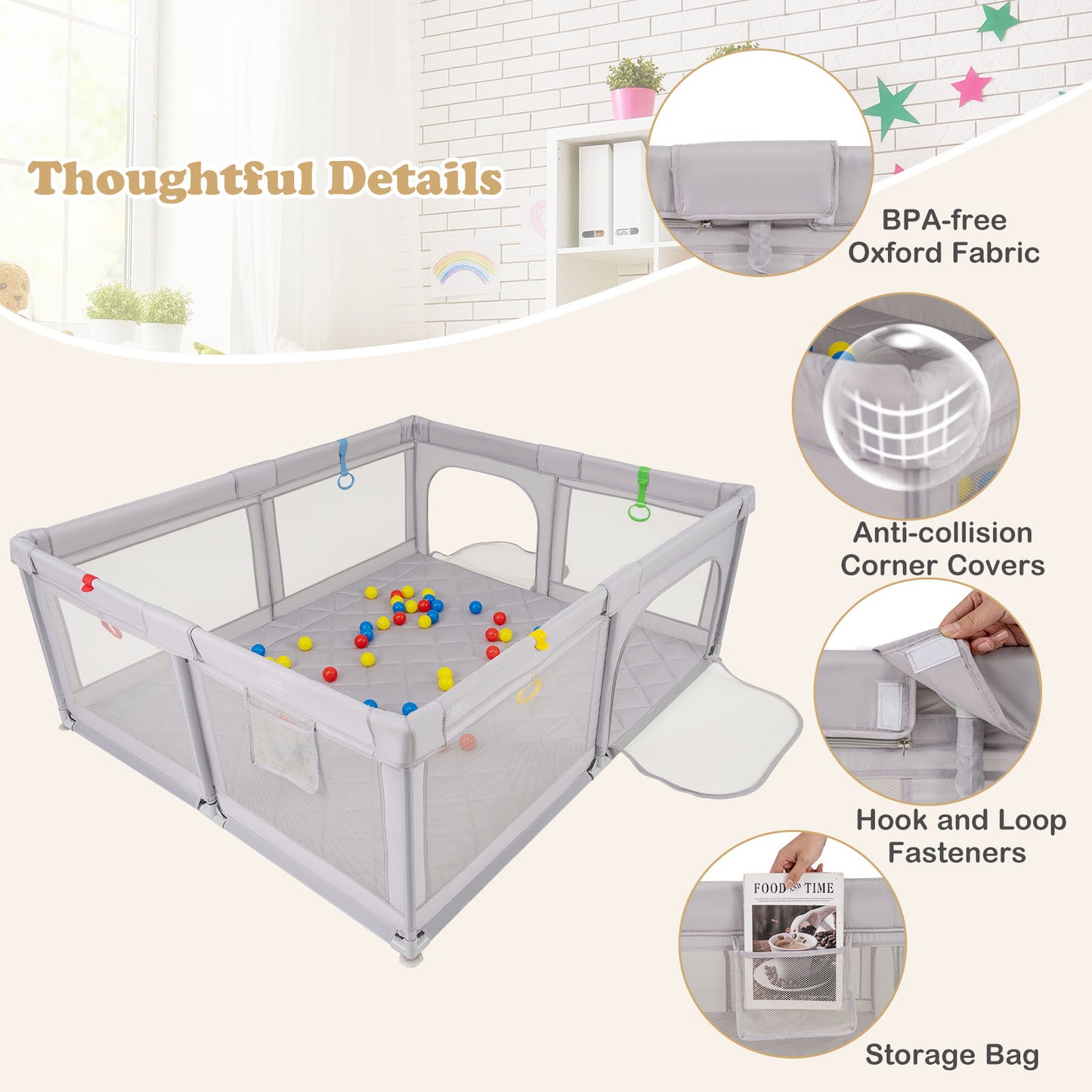 Large Baby Playpen with Mat with Pull Rings and Ocean Balls-GR, Gray