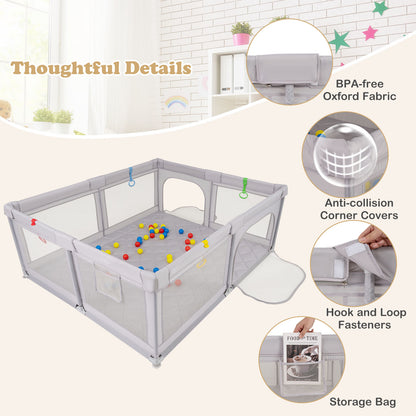 Large Baby Playpen with Mat with Pull Rings and Ocean Balls-GR, Gray