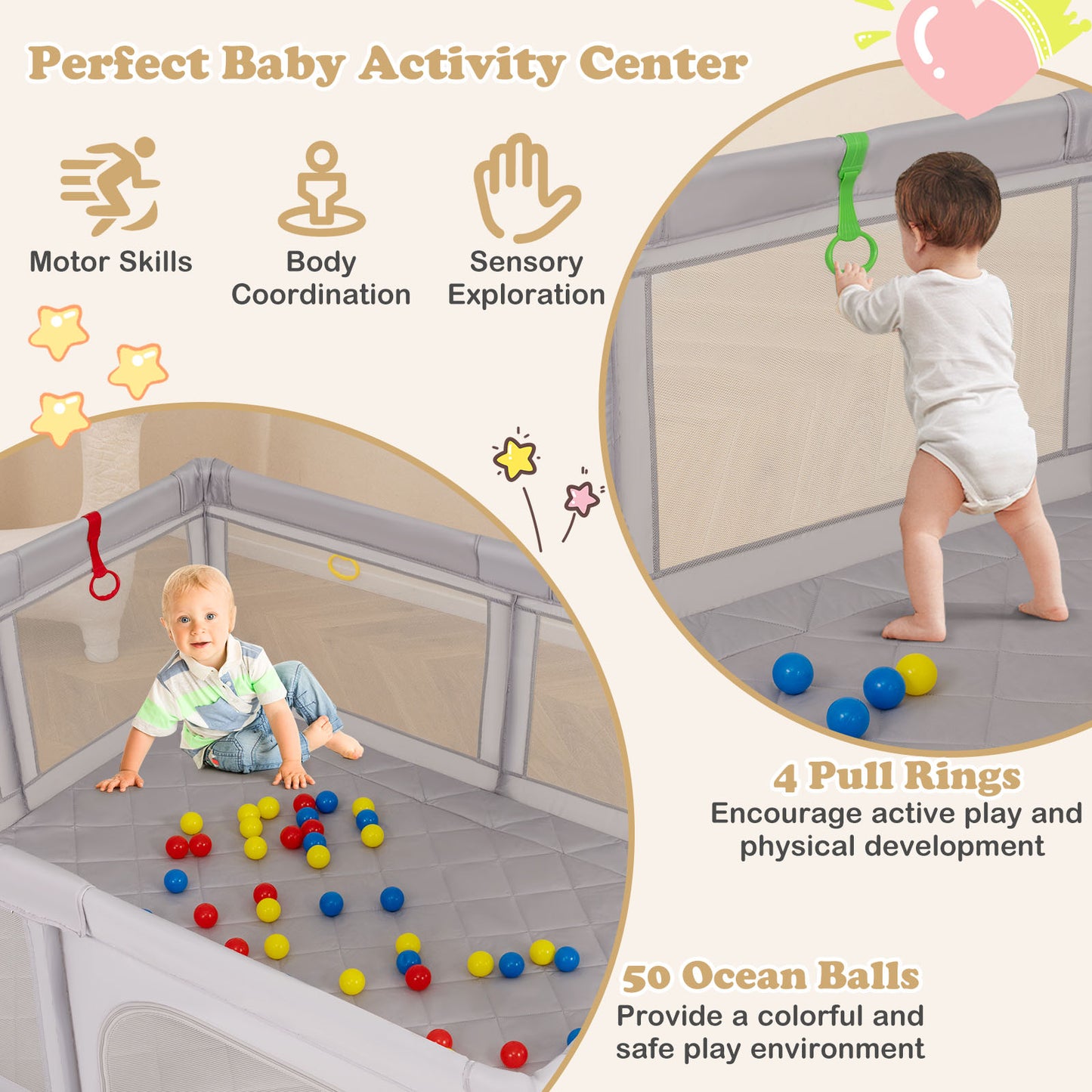 Large Baby Playpen with Mat with Pull Rings and Ocean Balls-GR, Gray