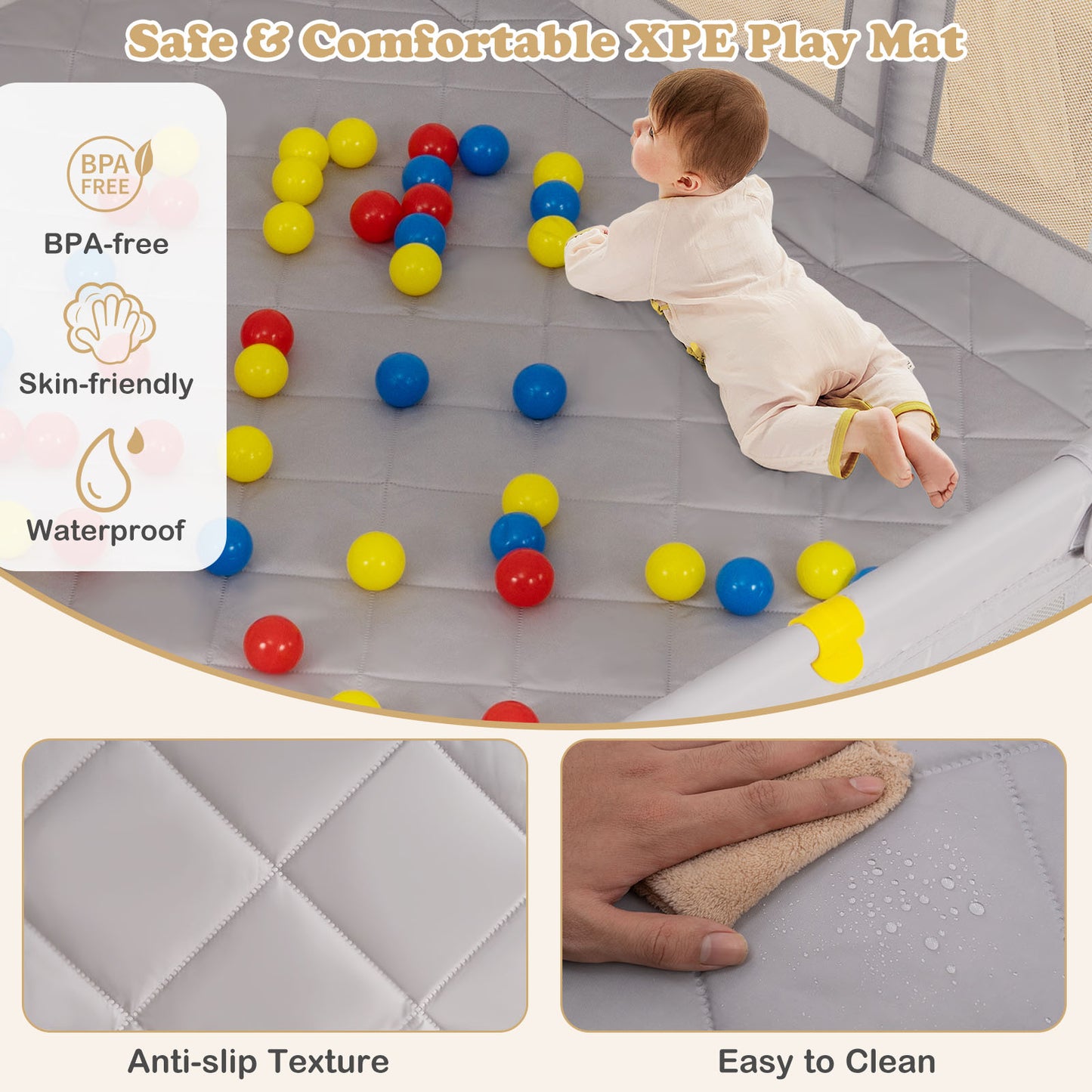 Large Baby Playpen with Mat with Pull Rings and Ocean Balls-GR, Gray