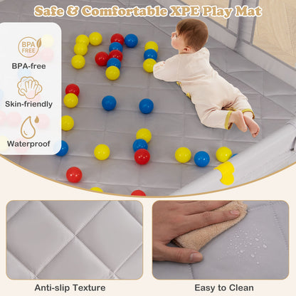 Large Baby Playpen with Mat with Pull Rings and Ocean Balls-GR, Gray