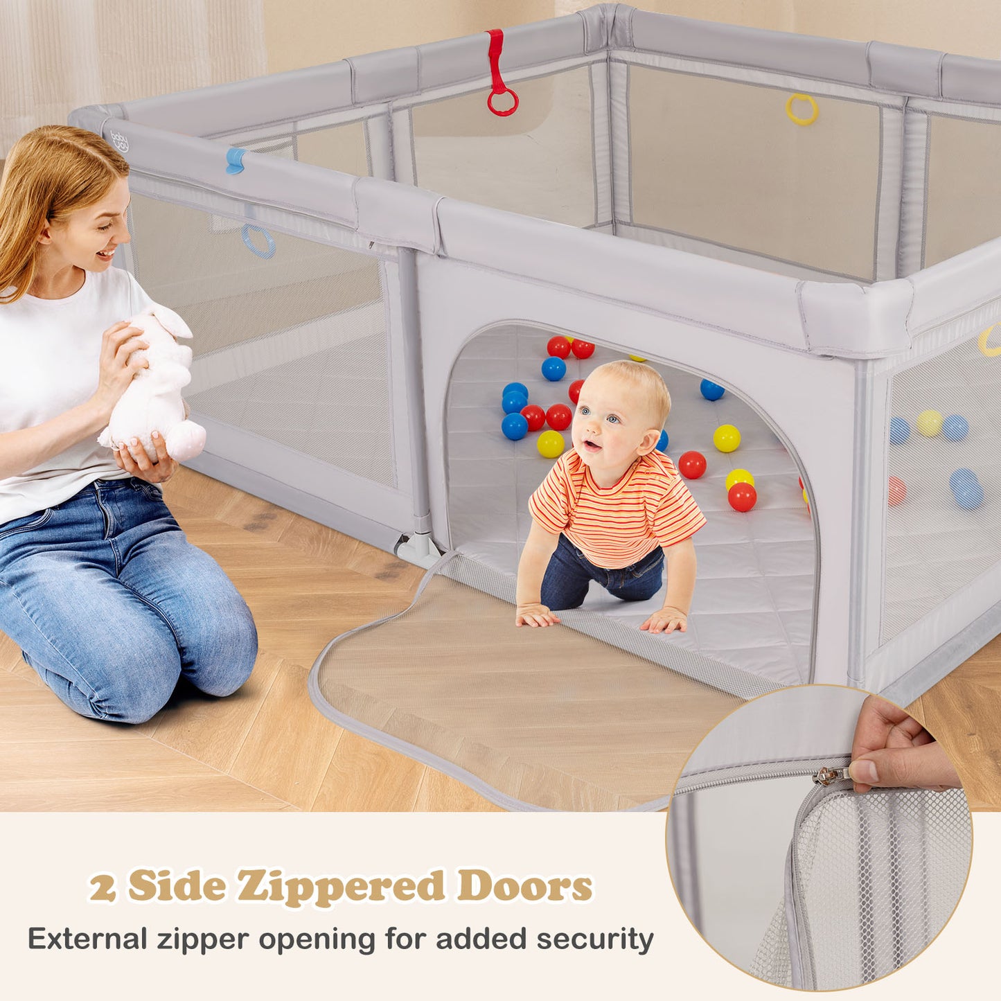 Large Baby Playpen with Mat with Pull Rings and Ocean Balls-GR, Gray