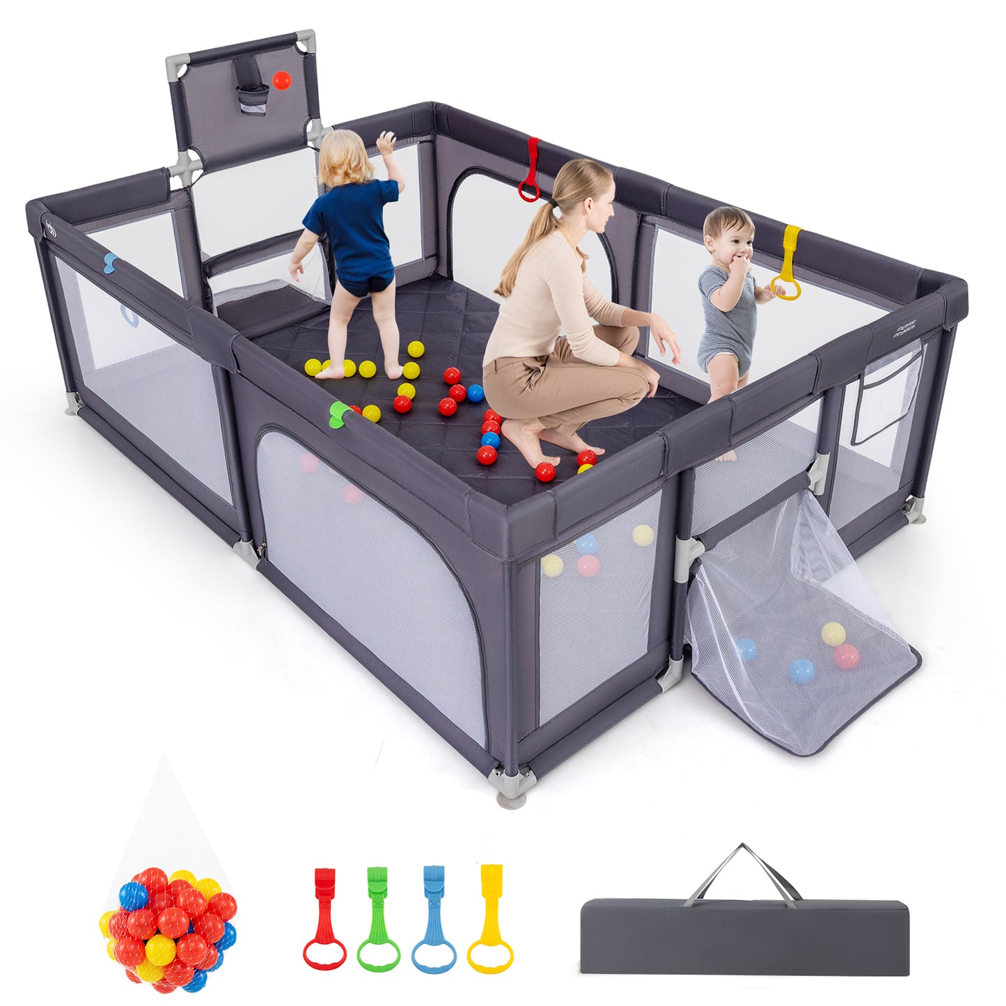 Large Baby Playpen With Mat And Ocean Balls, Dark Gray Baby Playpen & Playards at Gallery Canada