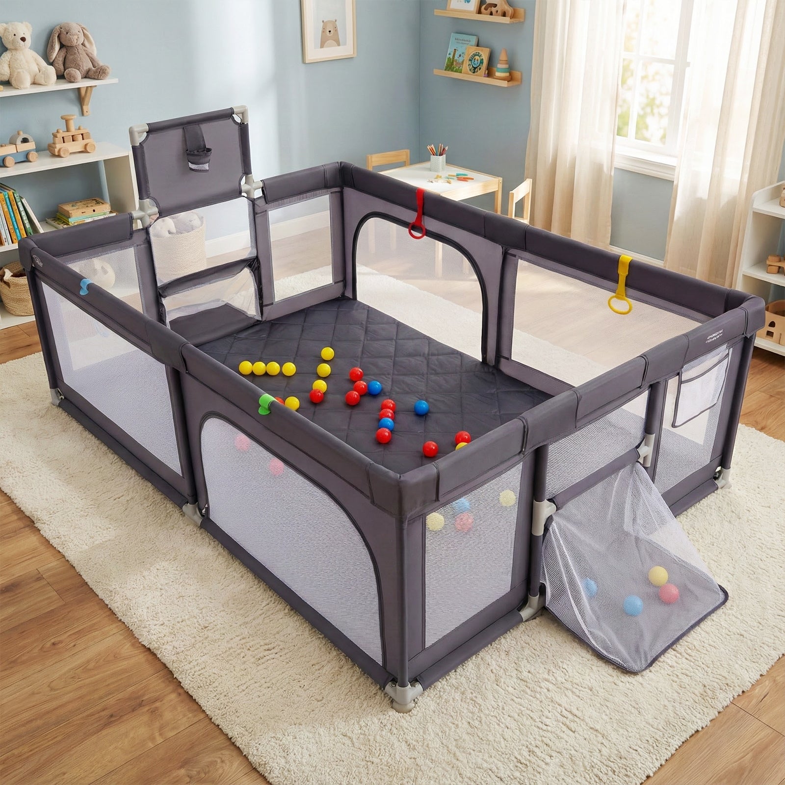 Large Baby Playpen With Mat And Ocean Balls, Dark Gray Baby Playpen & Playards at Gallery Canada