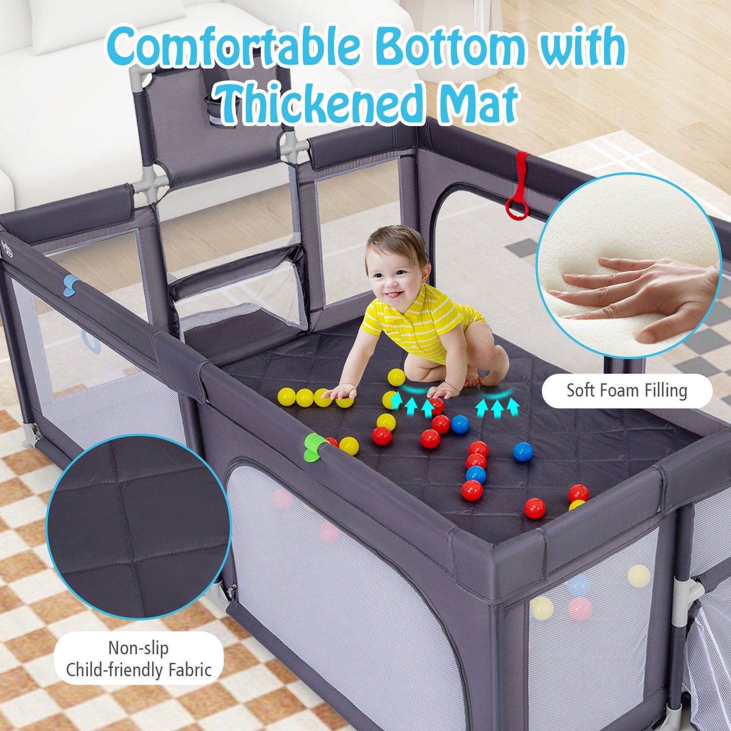 Large Baby Playpen With Mat And Ocean Balls, Dark Gray Baby Playpen & Playards at Gallery Canada