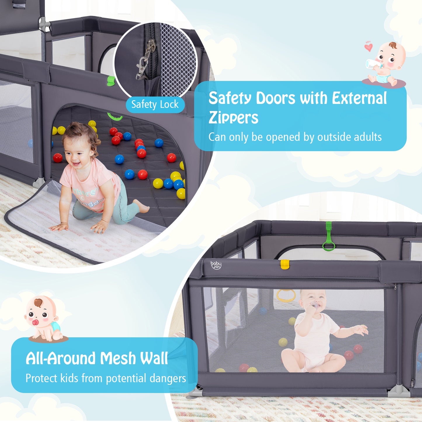 Large Baby Playpen With Mat And Ocean Balls, Dark Gray Baby Playpen & Playards at Gallery Canada