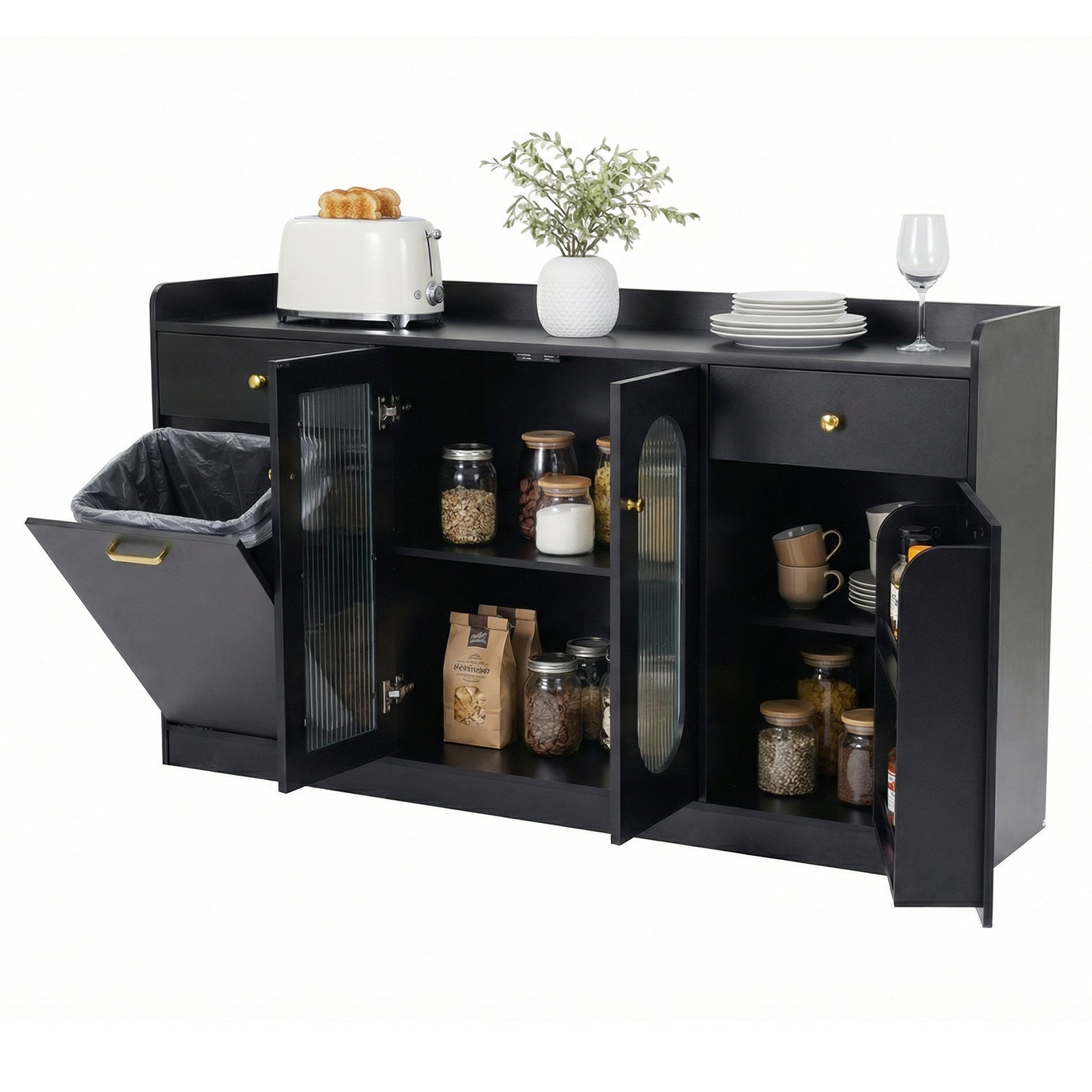 Large Buffet Cabinet, Hidden Tilt Out Trash Can, 2 Glass Doors, Black Sideboards Cabinets & Buffets at Gallery Canada