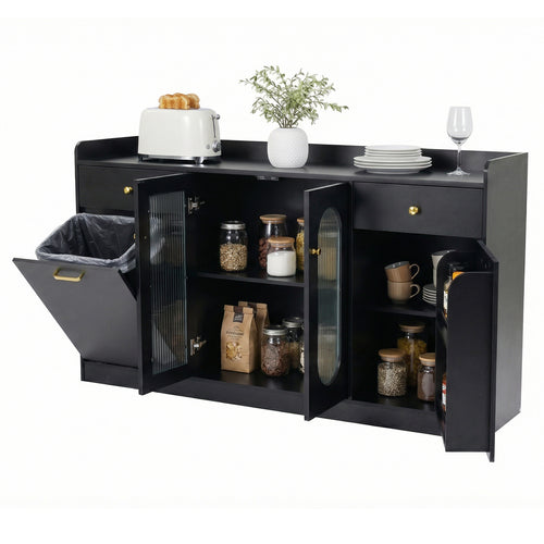 Large Buffet Cabinet, Hidden Tilt Out Trash Can, 2 Glass Doors, Black