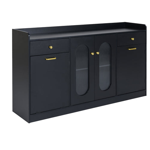 Large Buffet Cabinet, Hidden Tilt Out Trash Can, 2 Glass Doors, Black