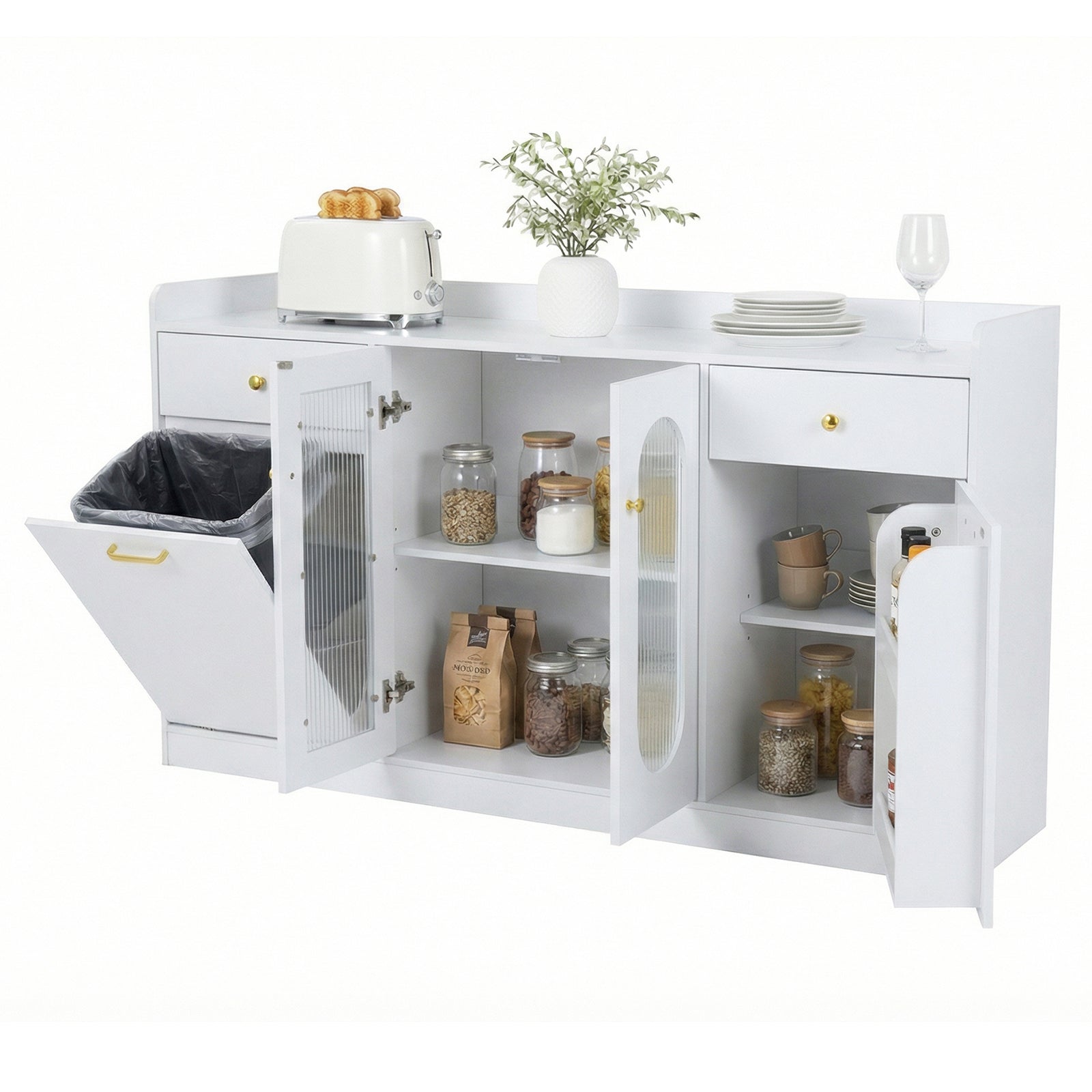 Large Buffet Cabinet, Hidden Tilt Out Trash Can, 2 Glass Doors, White Sideboards Cabinets & Buffets at Gallery Canada