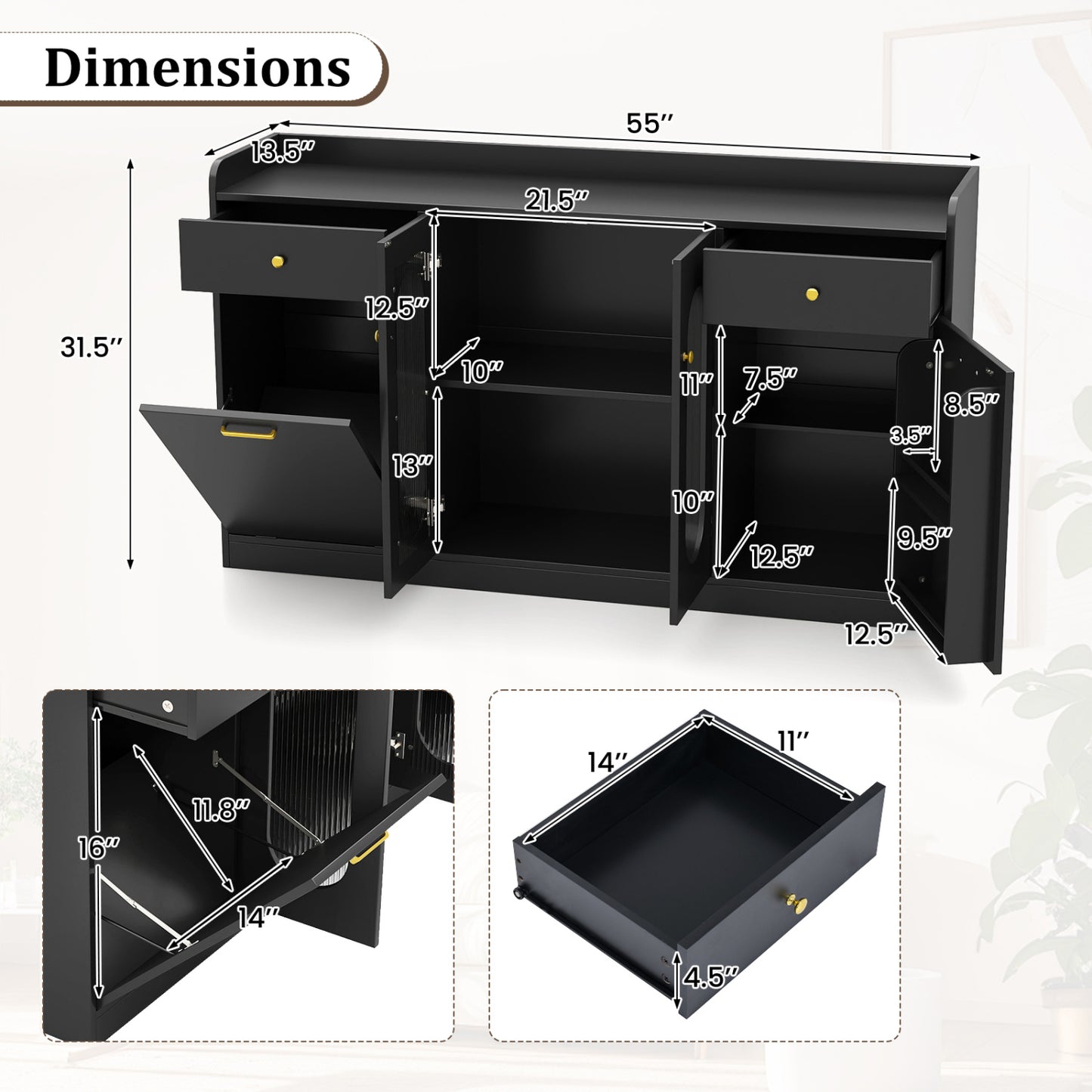 Large Buffet Cabinet, Hidden Tilt Out Trash Can, 2 Glass Doors, Black Sideboards Cabinets & Buffets at Gallery Canada