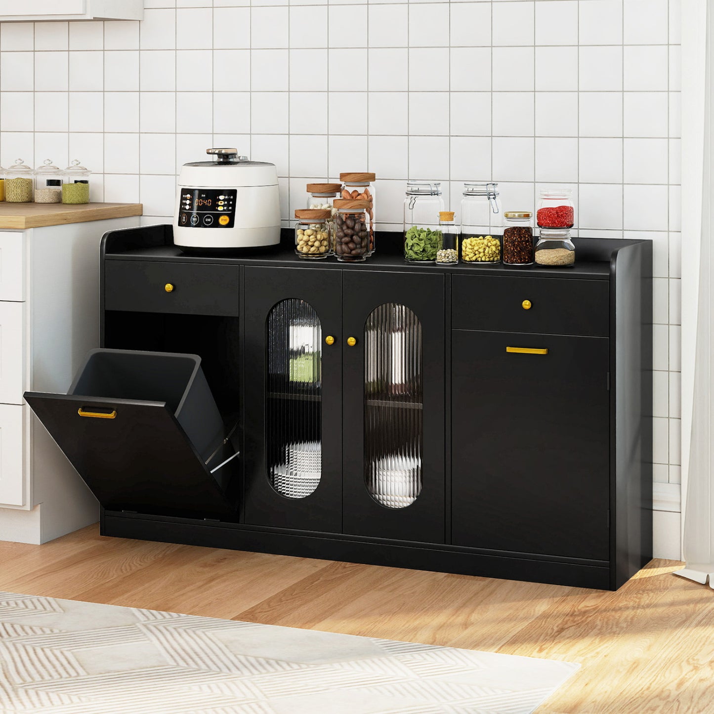 Large Buffet Cabinet, Hidden Tilt Out Trash Can, 2 Glass Doors, Black Sideboards Cabinets & Buffets at Gallery Canada