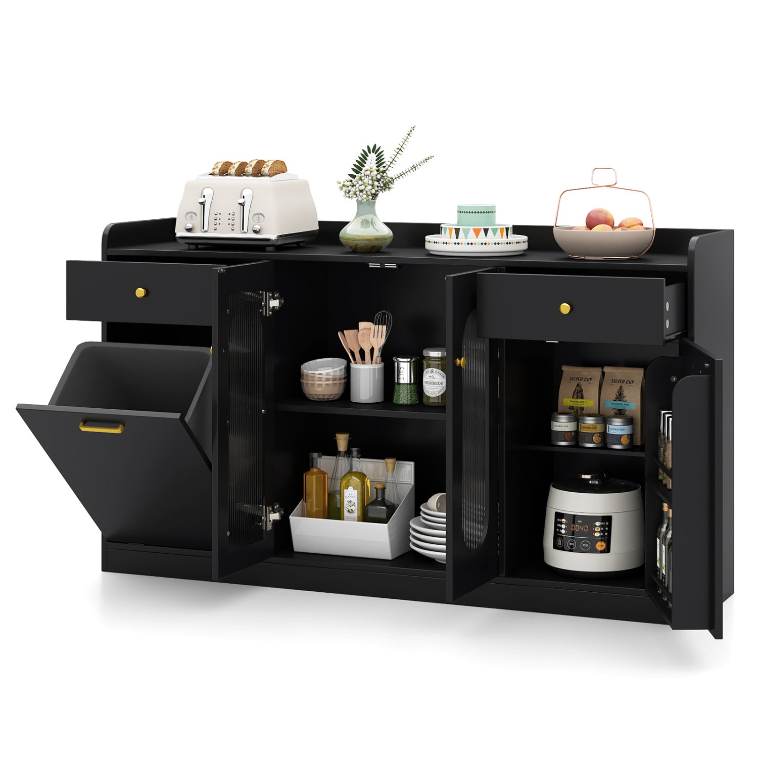 Large Buffet Cabinet, Hidden Tilt Out Trash Can, 2 Glass Doors, Black Sideboards Cabinets & Buffets Black at Gallery Canada