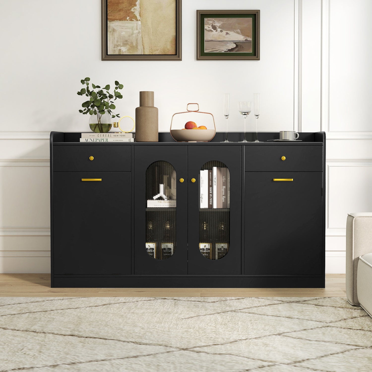 Large Buffet Cabinet, Hidden Tilt Out Trash Can, 2 Glass Doors, Black Sideboards Cabinets & Buffets at Gallery Canada