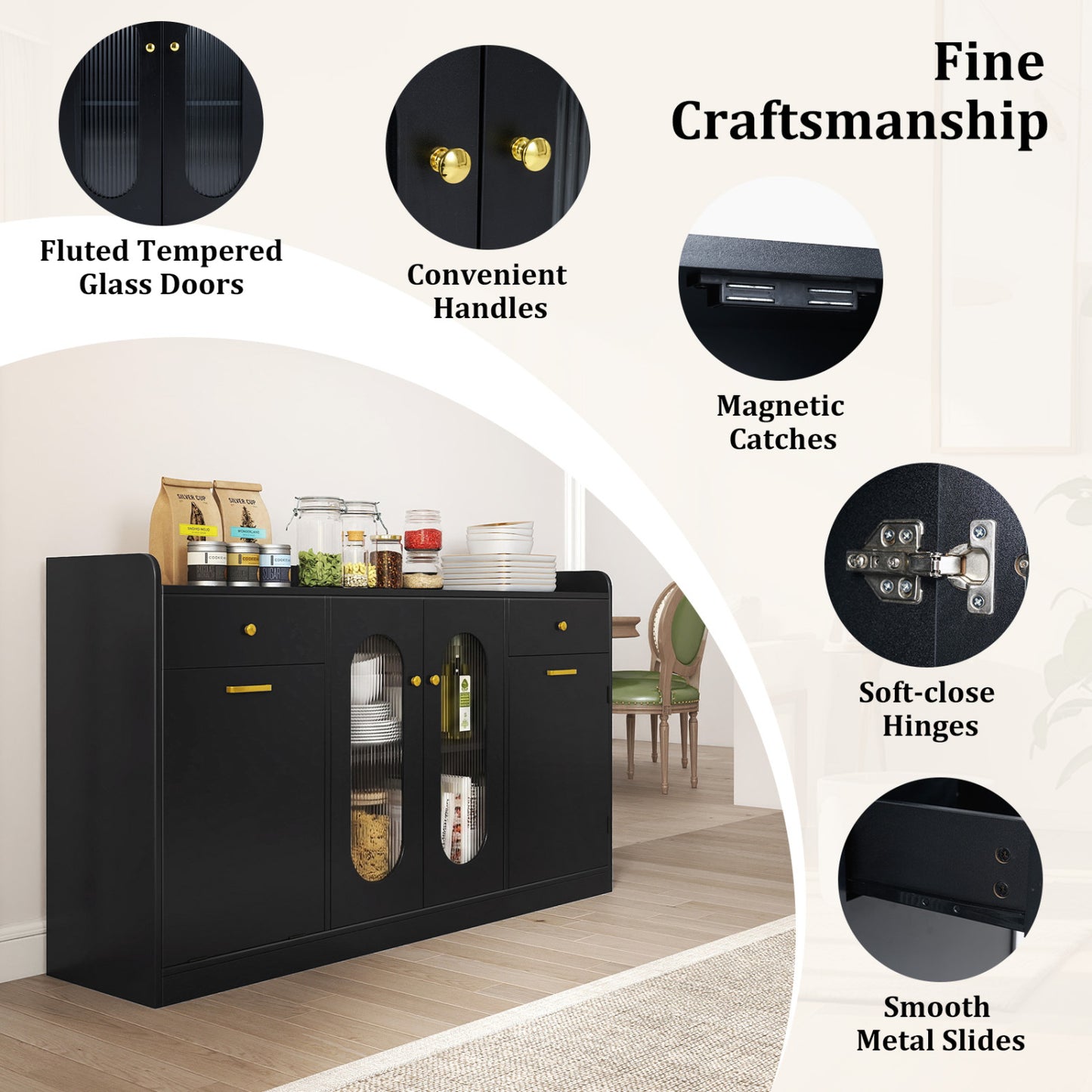 Large Buffet Cabinet, Hidden Tilt Out Trash Can, 2 Glass Doors, Black Sideboards Cabinets & Buffets at Gallery Canada