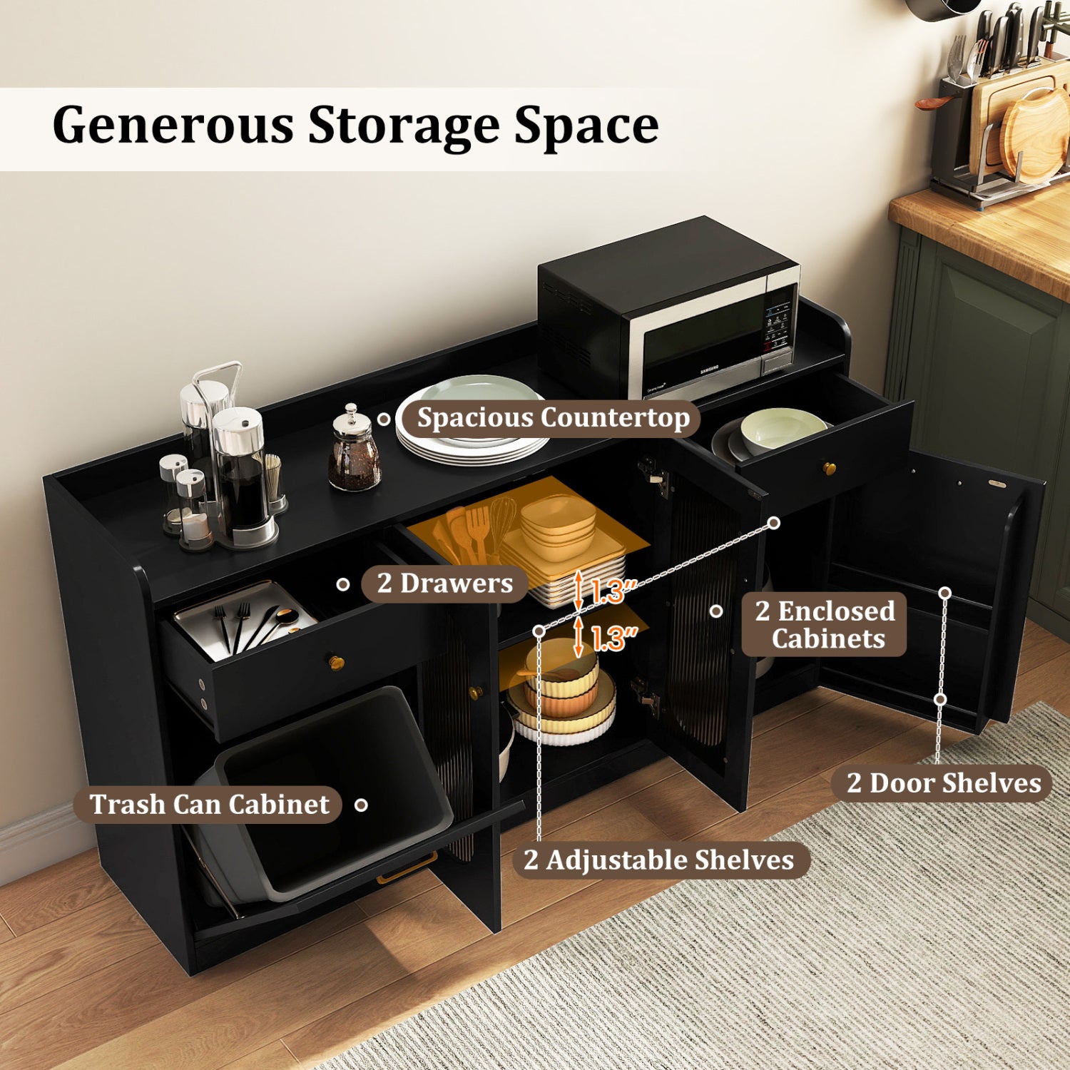 Large Buffet Cabinet, Hidden Tilt Out Trash Can, 2 Glass Doors, Black Sideboards Cabinets & Buffets at Gallery Canada
