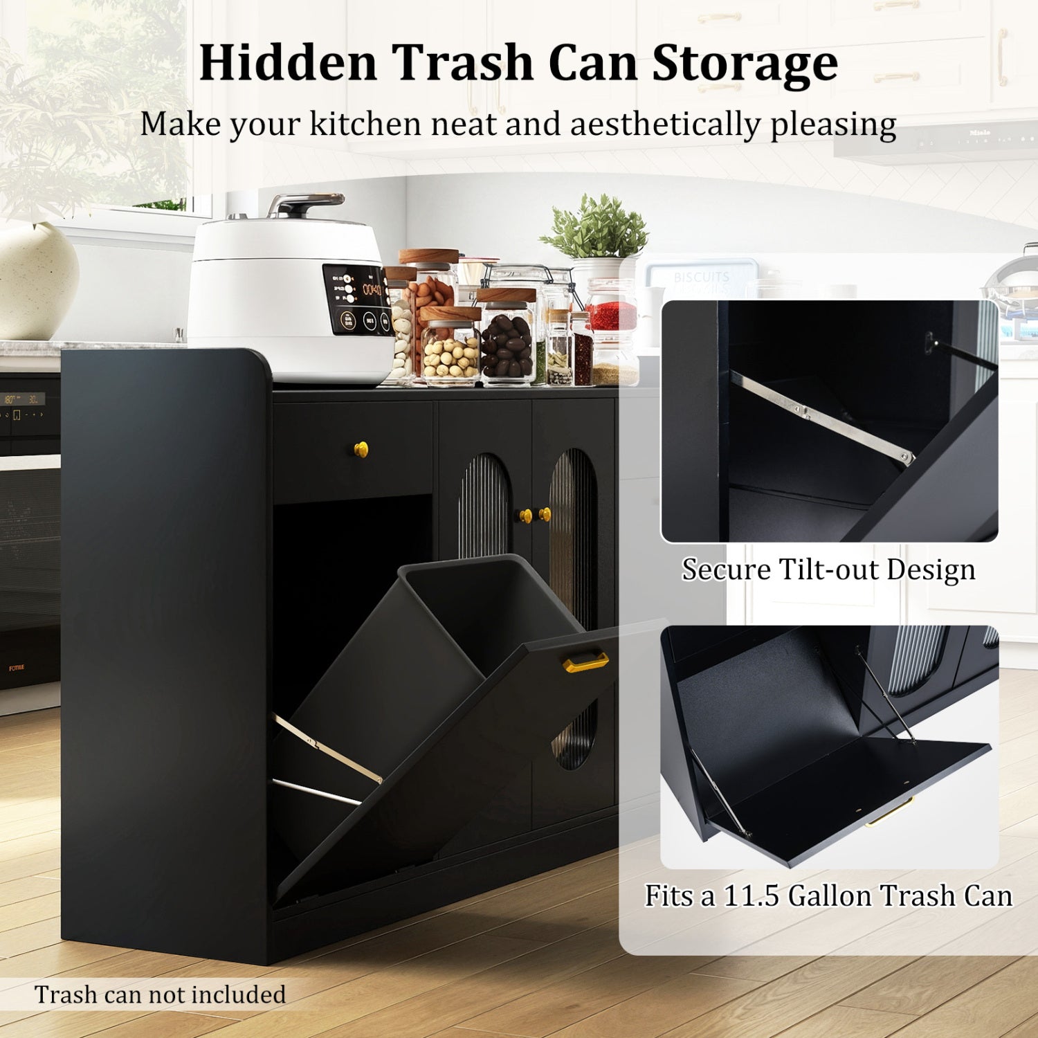 Large Buffet Cabinet, Hidden Tilt Out Trash Can, 2 Glass Doors, Black Sideboards Cabinets & Buffets at Gallery Canada
