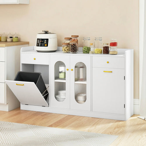 Large Buffet Cabinet, Hidden Tilt Out Trash Can, 2 Glass Doors, White