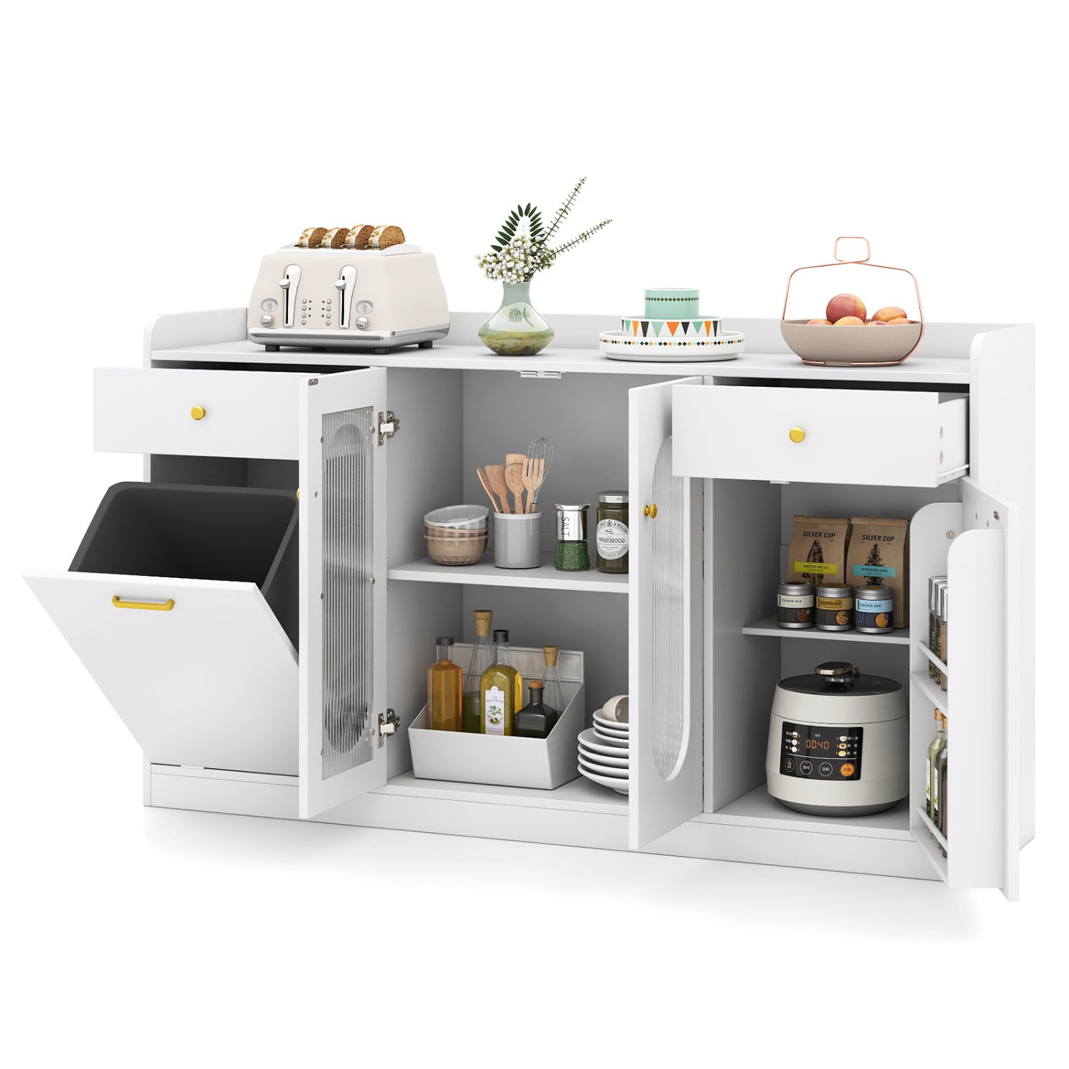 Large Buffet Cabinet, Hidden Tilt Out Trash Can, 2 Glass Doors, White Sideboards Cabinets & Buffets White at Gallery Canada