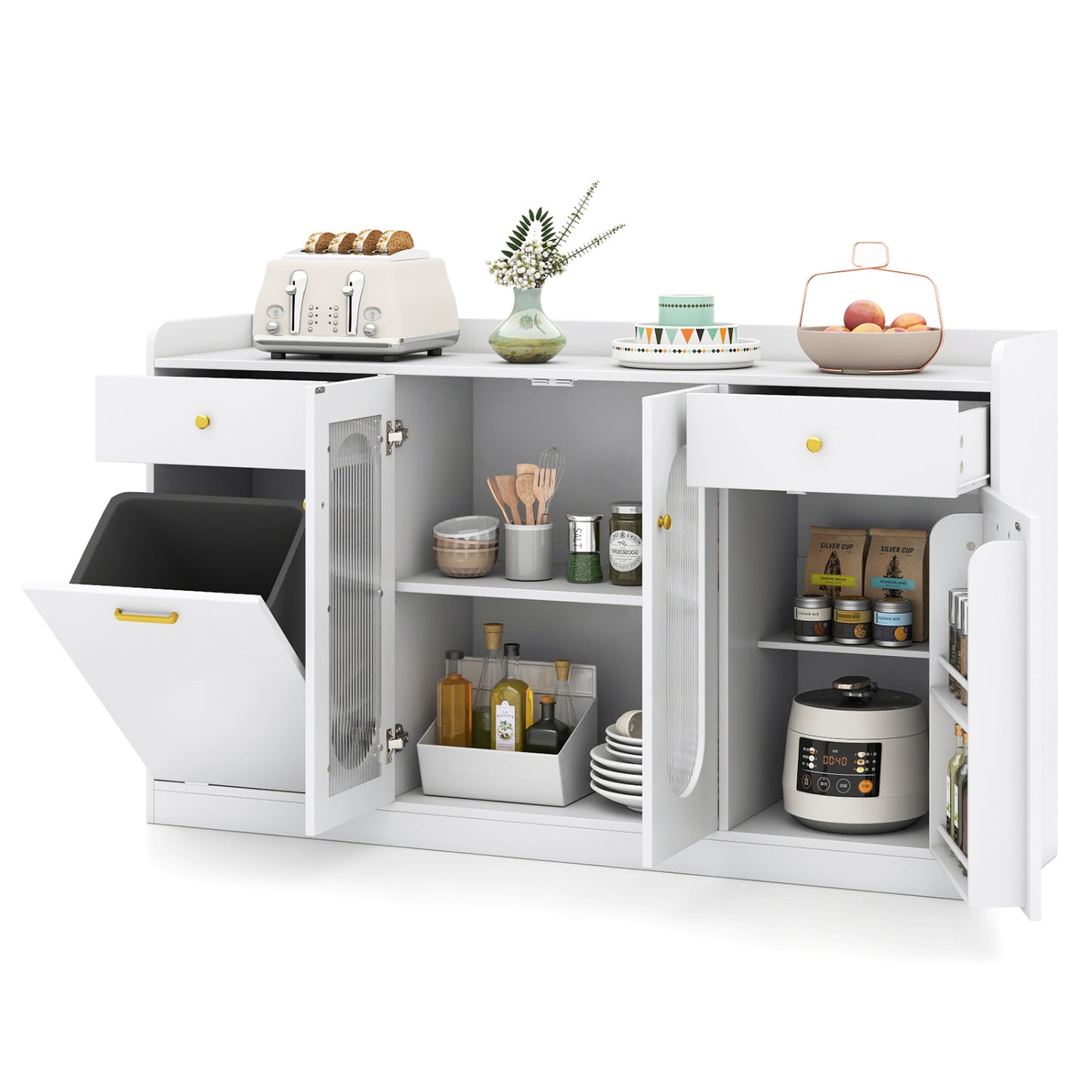Large Buffet Cabinet, Hidden Tilt Out Trash Can, 2 Glass Doors, White Sideboards Cabinets & Buffets at Gallery Canada