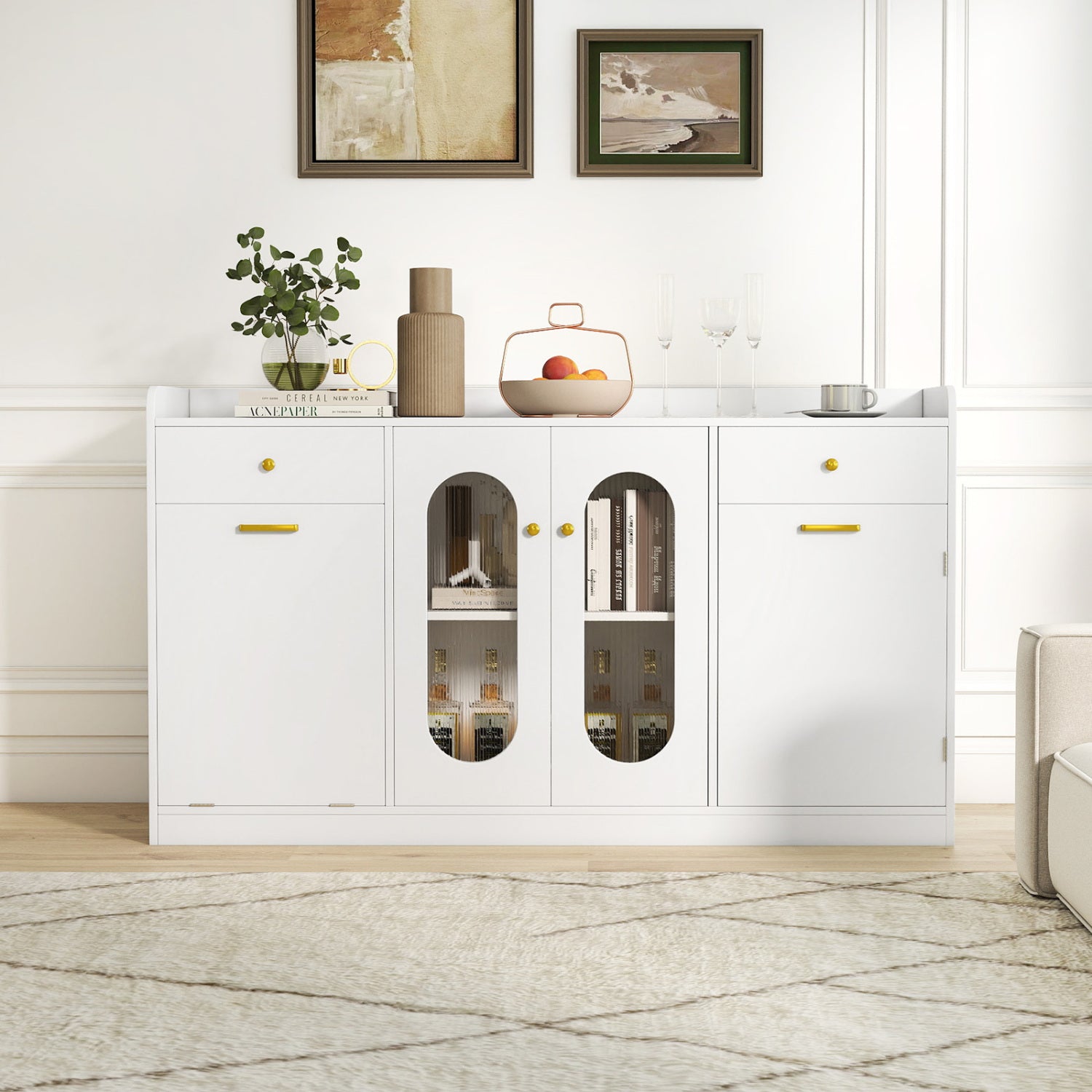 Large Buffet Cabinet, Hidden Tilt Out Trash Can, 2 Glass Doors, White Sideboards Cabinets & Buffets at Gallery Canada