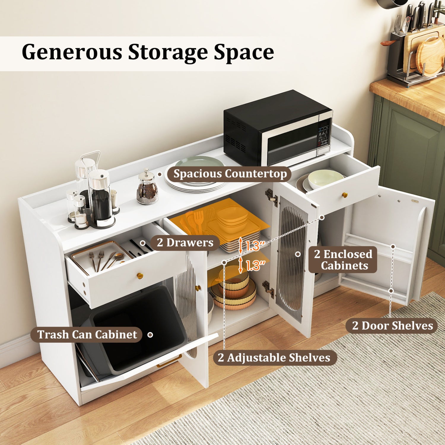 Large Buffet Cabinet, Hidden Tilt Out Trash Can, 2 Glass Doors, White Sideboards Cabinets & Buffets at Gallery Canada