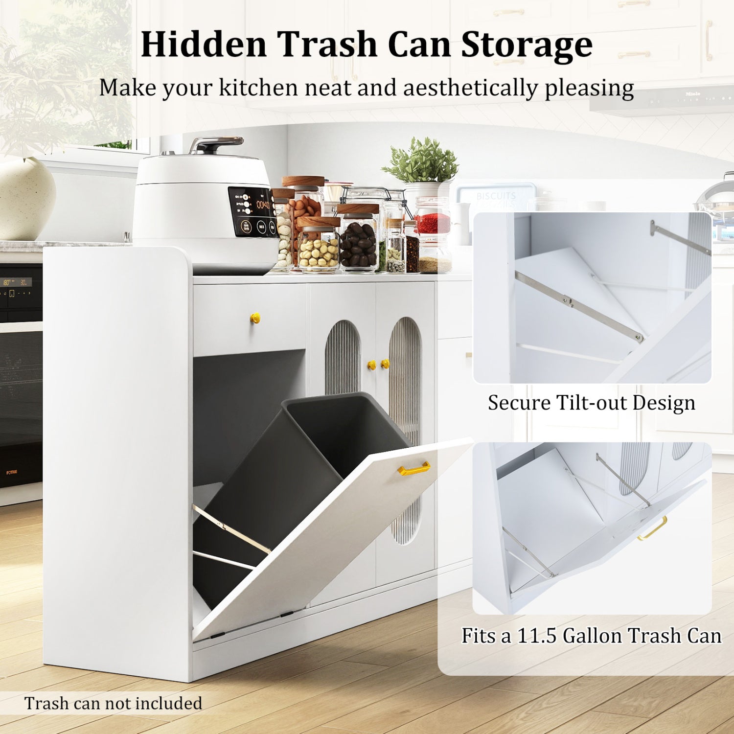 Large Buffet Cabinet, Hidden Tilt Out Trash Can, 2 Glass Doors, White Sideboards Cabinets & Buffets at Gallery Canada