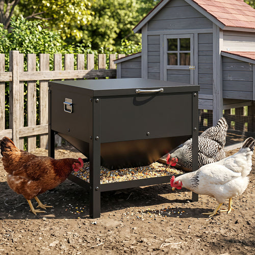 Large Capacity Chicken Feeding Box with Openable Lid, Black
