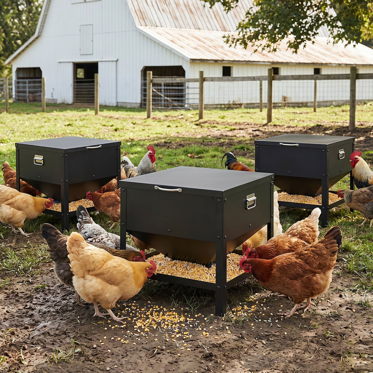 Large Capacity Chicken Feeding Box with Openable Lid, Black