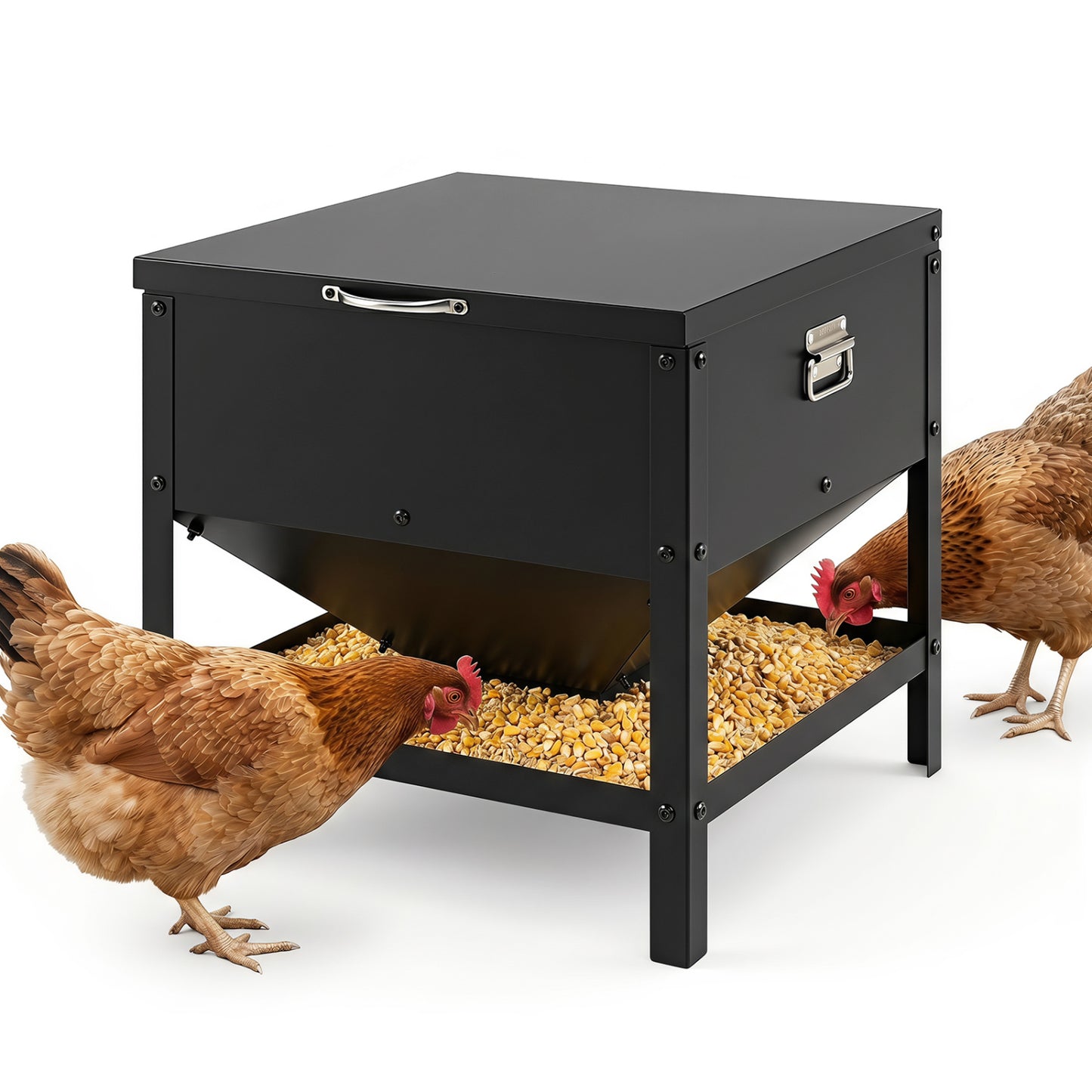 Large Capacity Chicken Feeding Box with Openable Lid, Black