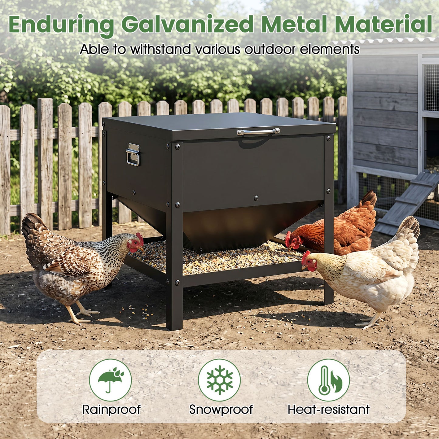 Large Capacity Chicken Feeding Box with Openable Lid, Black