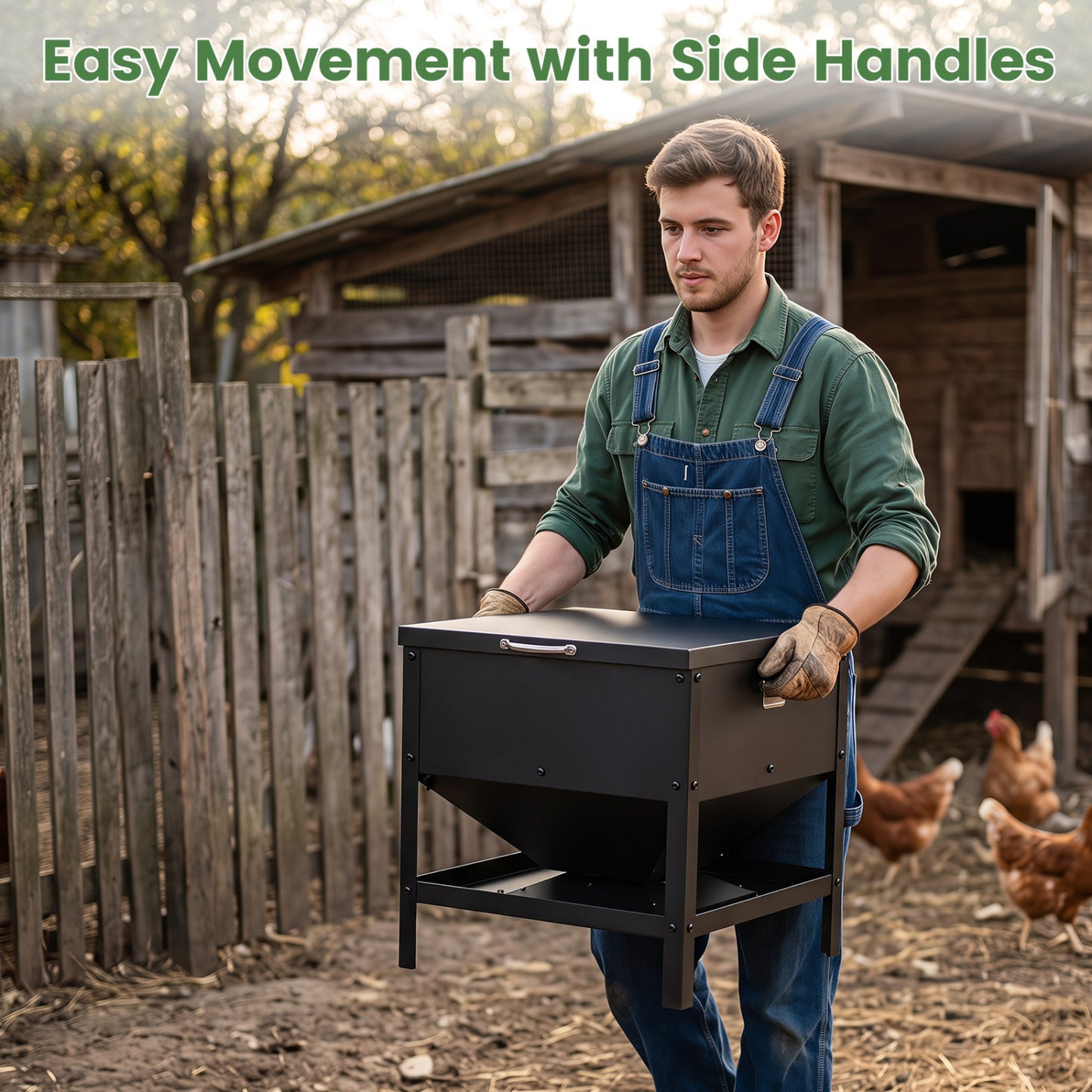 Large Capacity Chicken Feeding Box with Openable Lid, Black