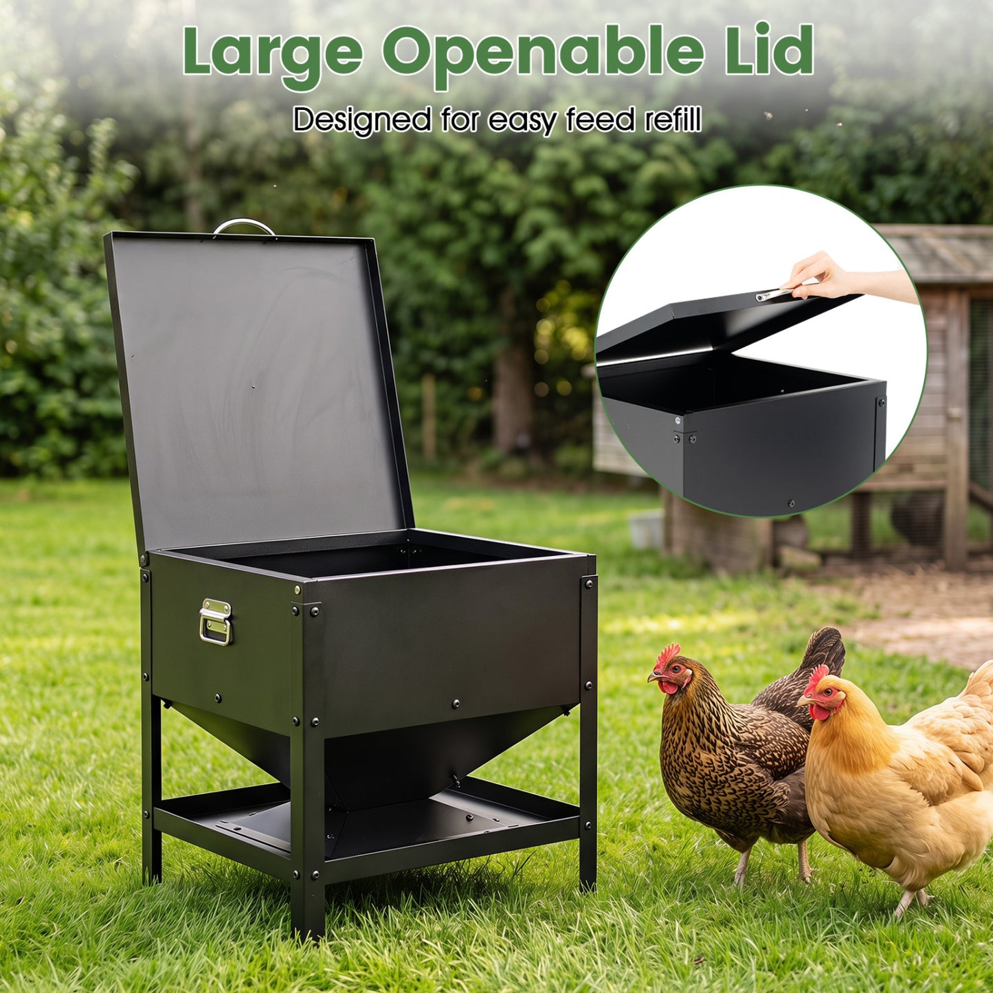 Large Capacity Chicken Feeding Box with Openable Lid, Black