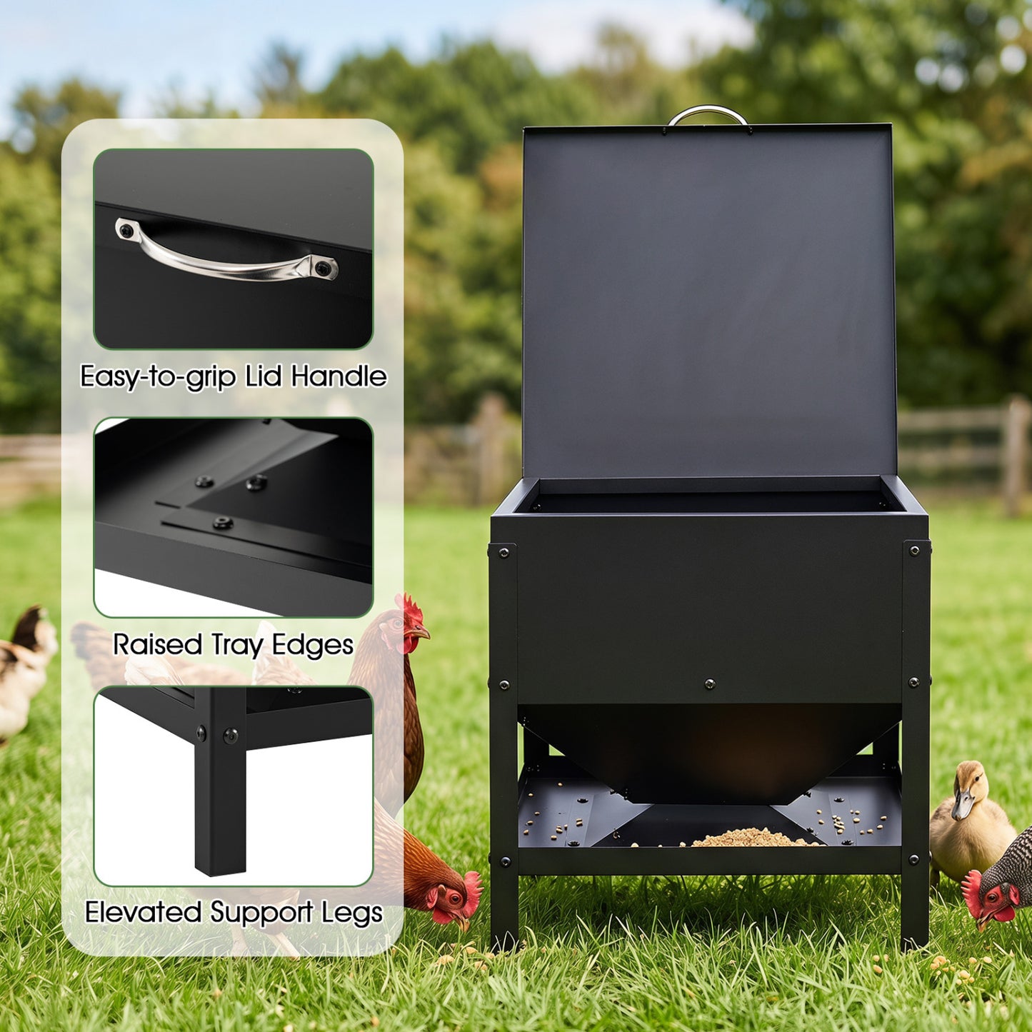 Large Capacity Chicken Feeding Box with Openable Lid, Black