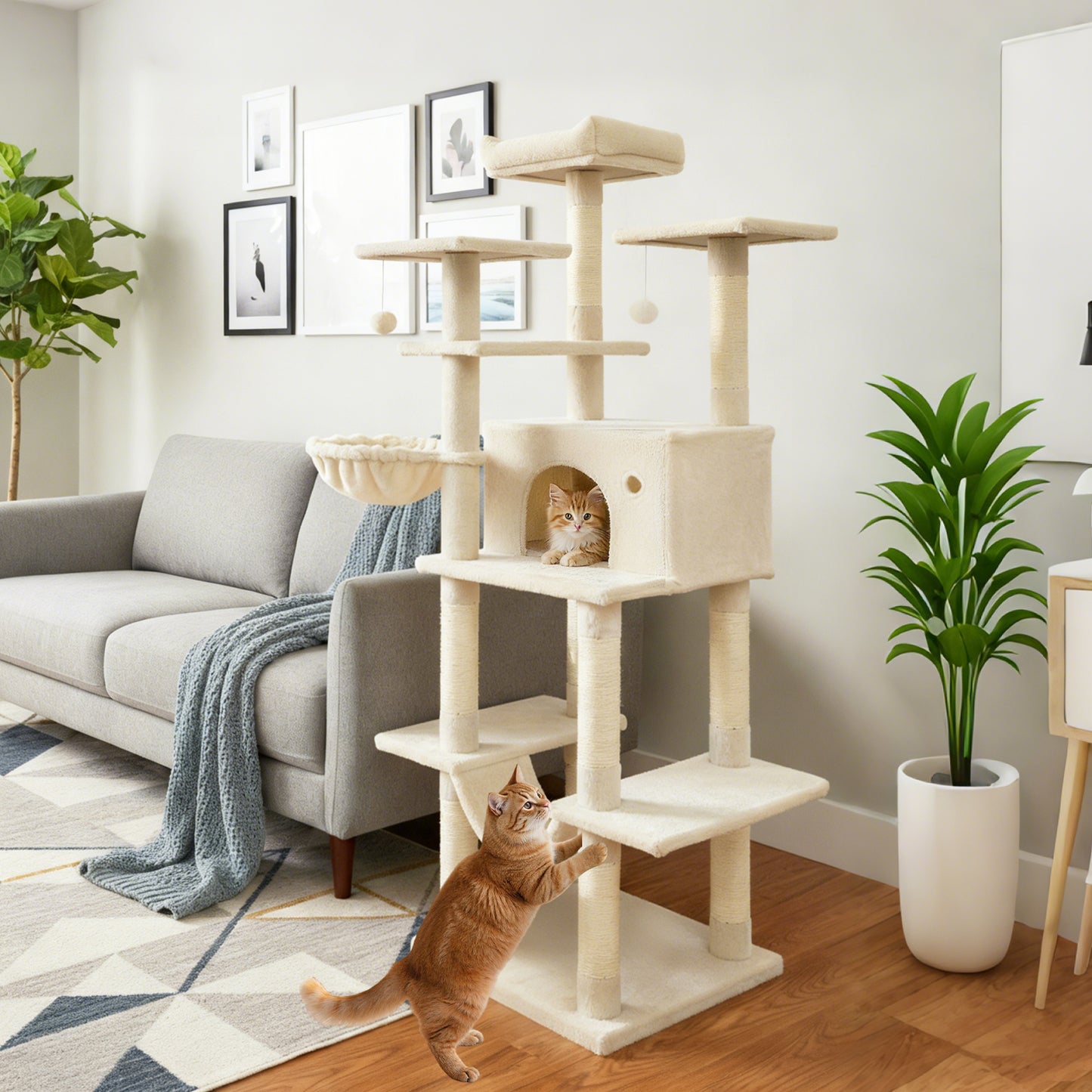 Large Cat Tree for Indoor Cats 63" Tall Cat Tower, Beige Cat Trees Condos & Scratchers at Gallery Canada