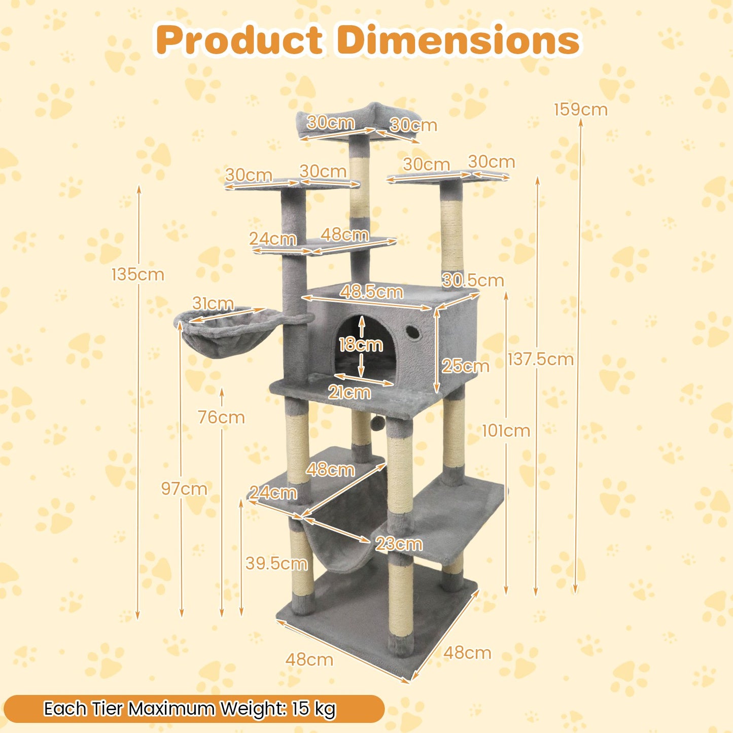 Large Cat Tree for Indoor Cats 63" Tall Cat Tower-Lght Gray, Light Gray Cat Trees Condos & Scratchers at Gallery Canada