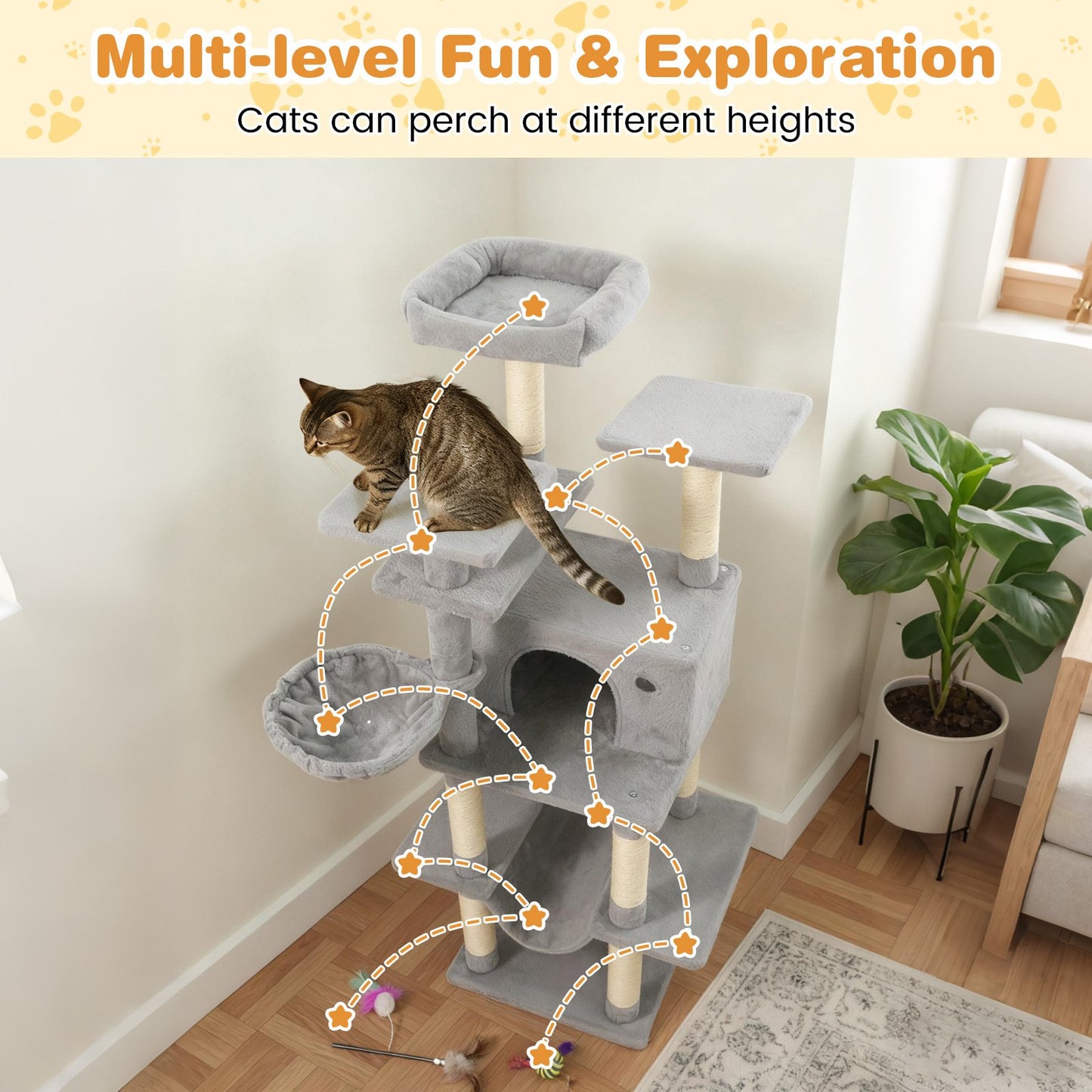 Large Cat Tree for Indoor Cats 63" Tall Cat Tower-Lght Gray, Light Gray Cat Trees Condos & Scratchers at Gallery Canada
