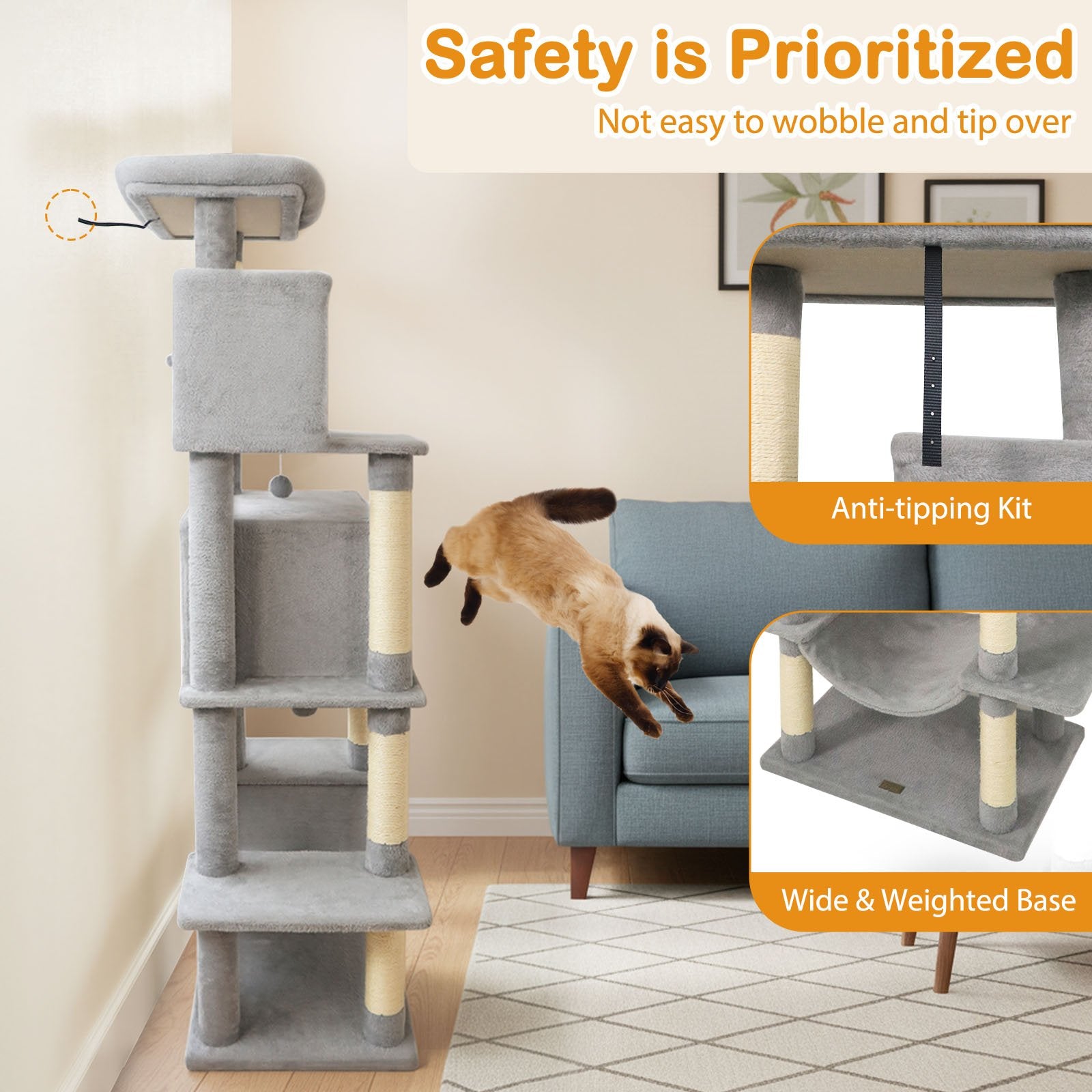 Large Cat Tree for Indoor Cats 70" Tall Cat Tower, Light Gray Cat Trees Condos & Scratchers at Gallery Canada