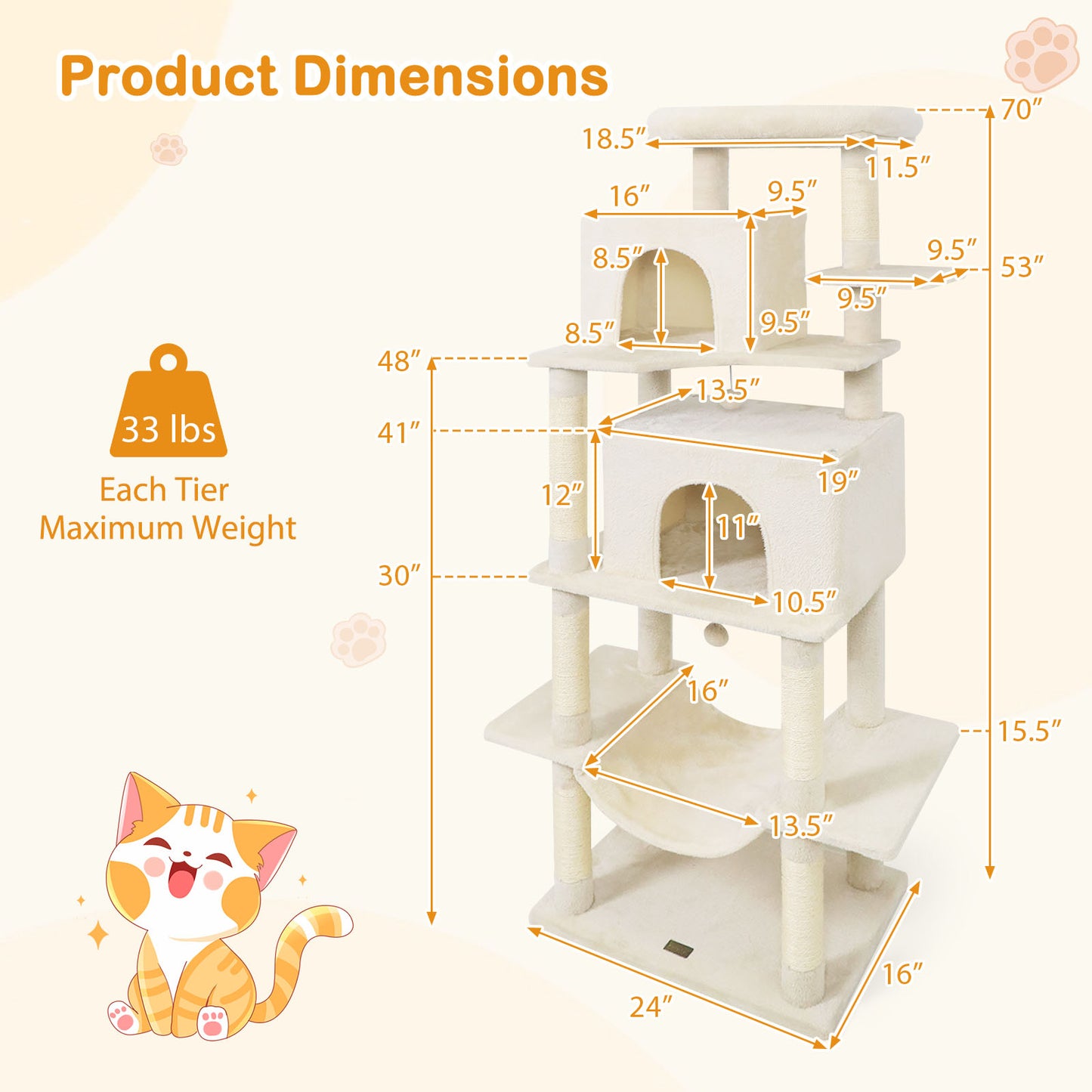 Large Cat Tree for Indoor Cats 70" Tall Cat Tower, Beige Cat Trees Condos & Scratchers at Gallery Canada