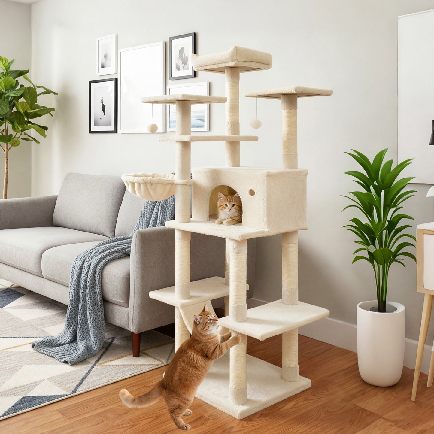 Large Cat Tree for Indoor Cats 63" Tall Cat Tower, Beige Cat Trees Condos & Scratchers at Gallery Canada